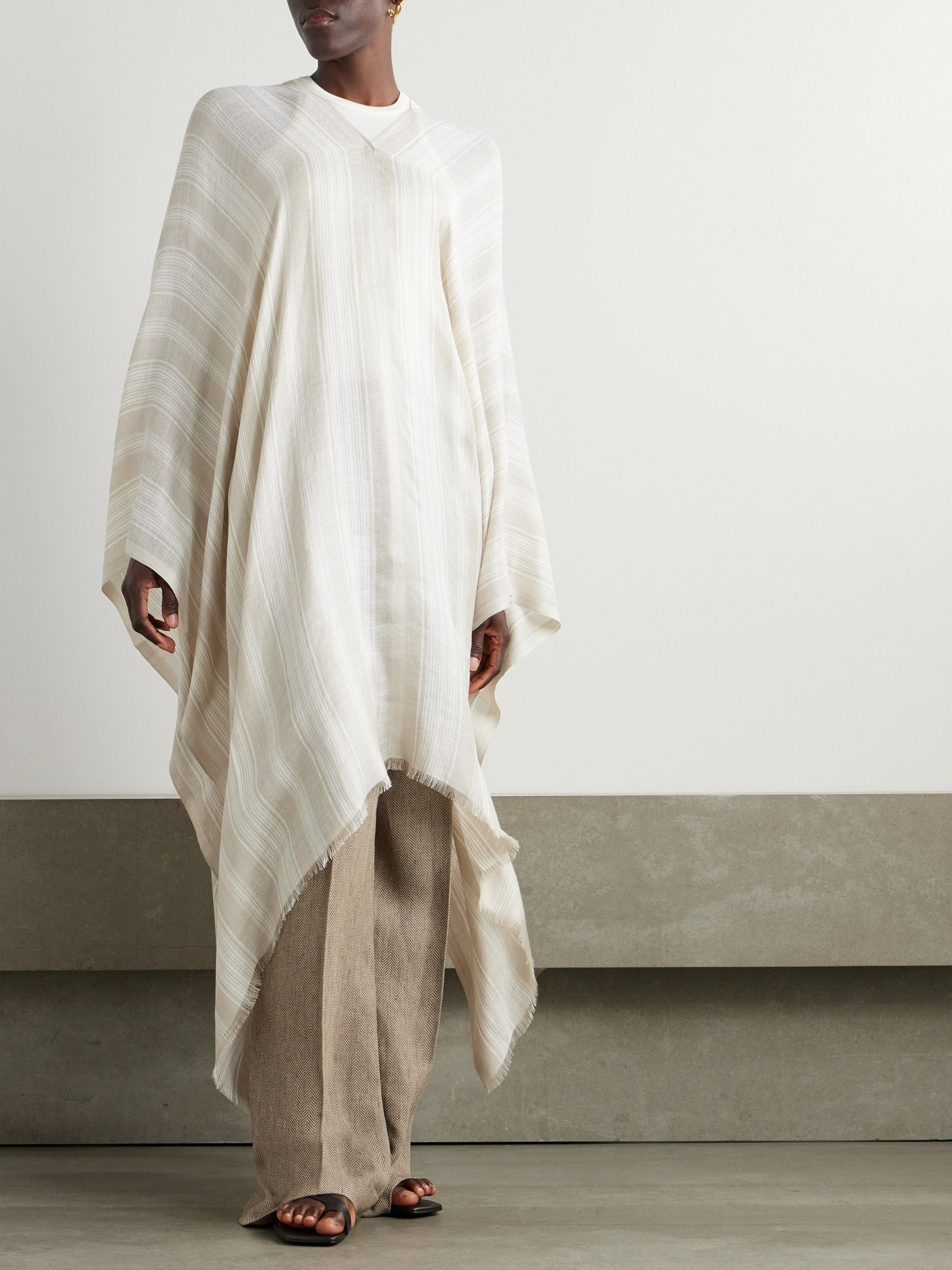 Frayed striped silk and linen-blend poncho Beige - 2