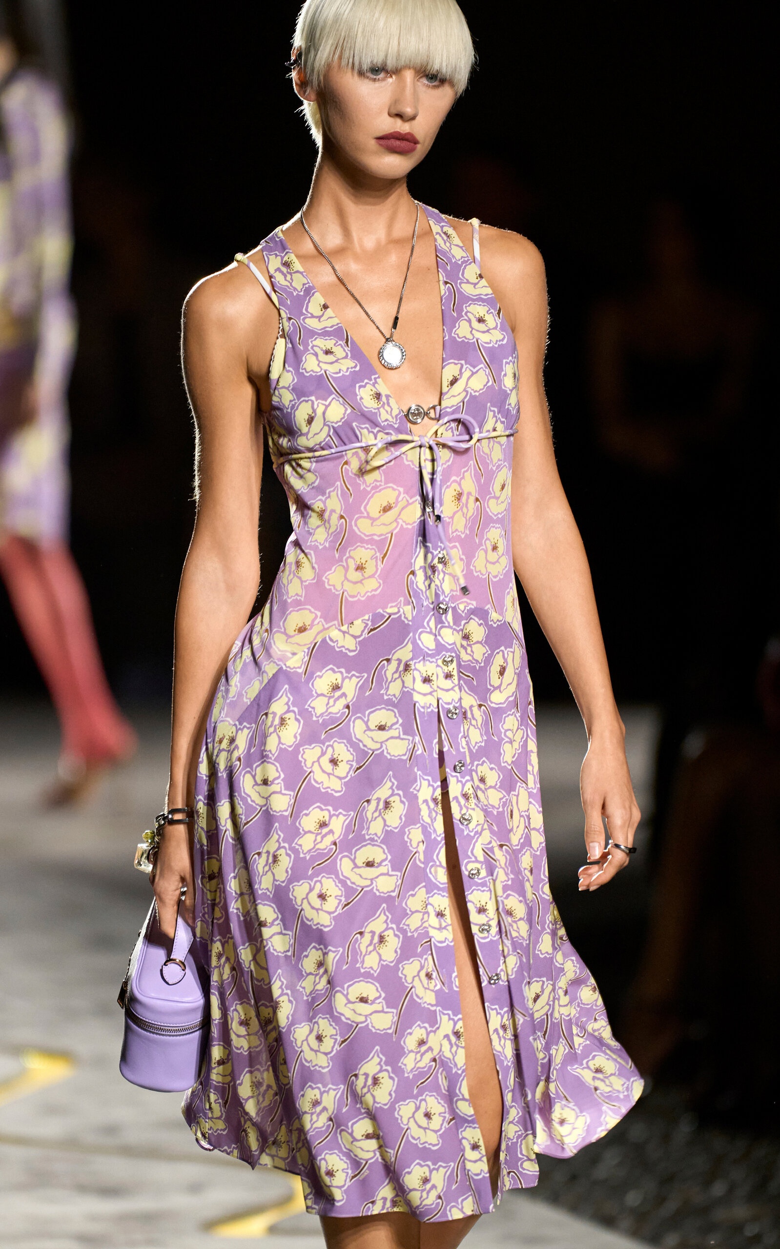 Floral Stretch Silk Georgette Knee-Length Dress purple - 3