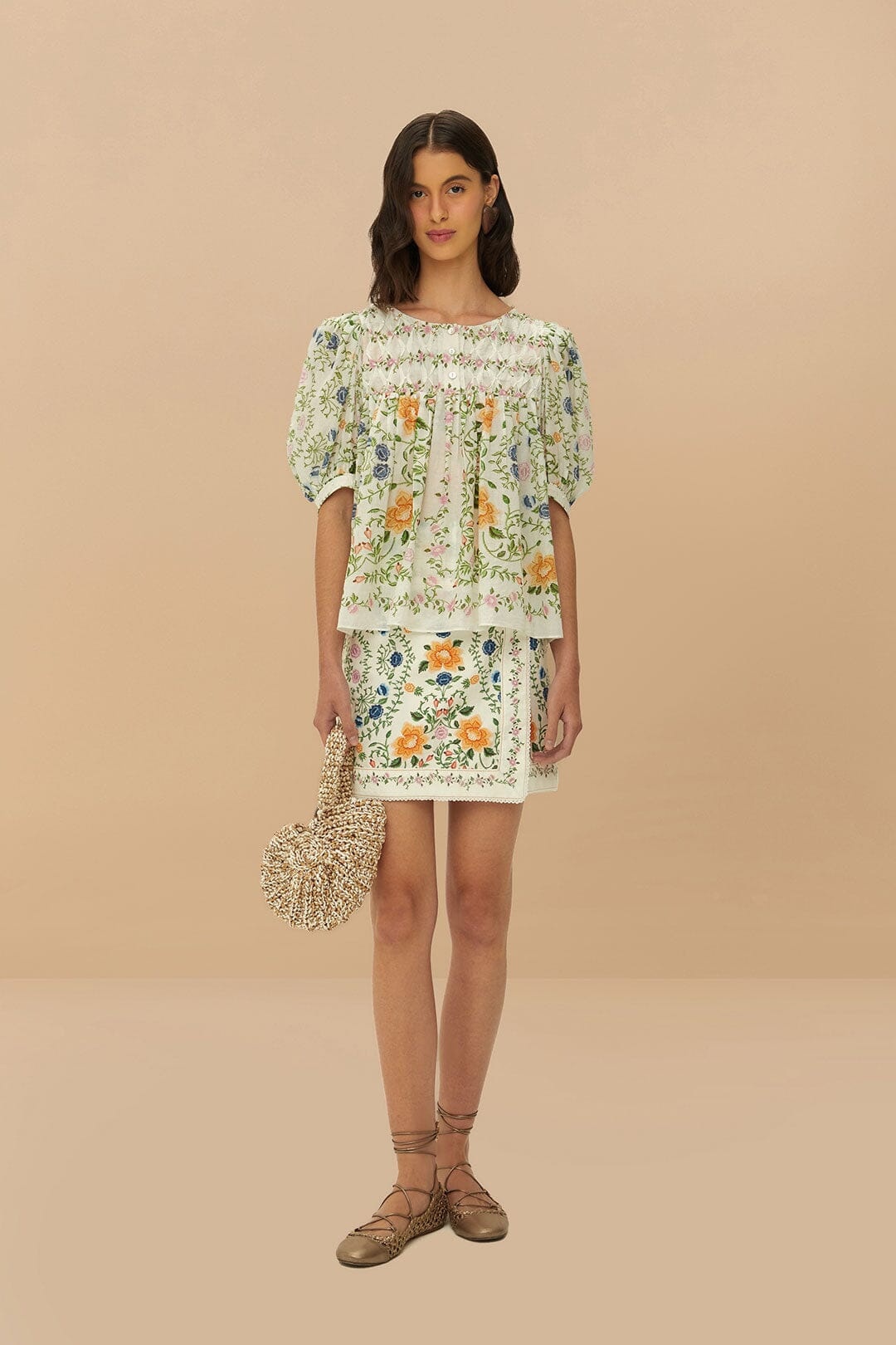 Folk Floral Off-White Scoop Neck Short Sleeve Blouse - 2