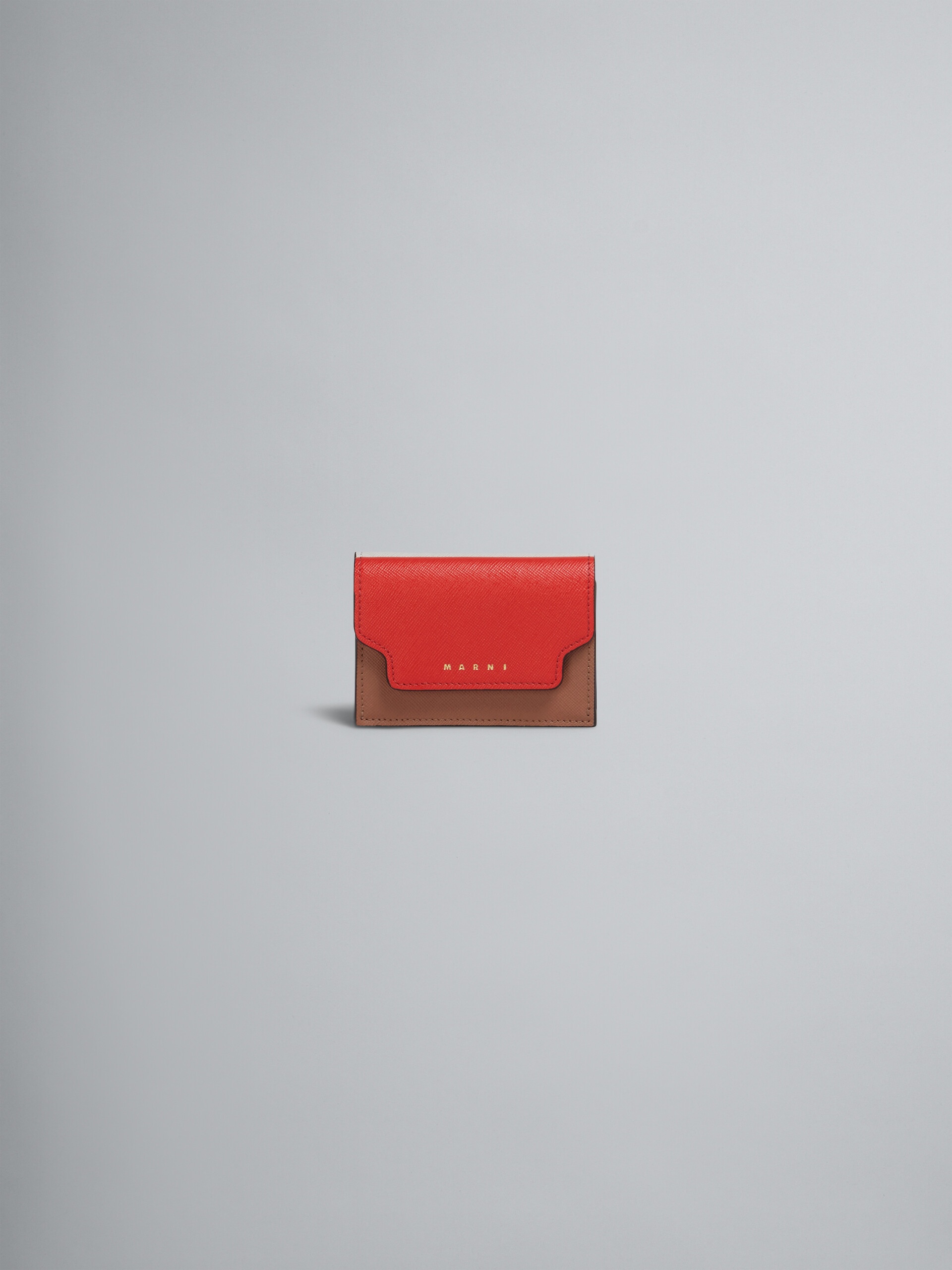 BROWN RED AND WHITE SAFFIANO LEATHER TRI-FOLD WALLET - 1