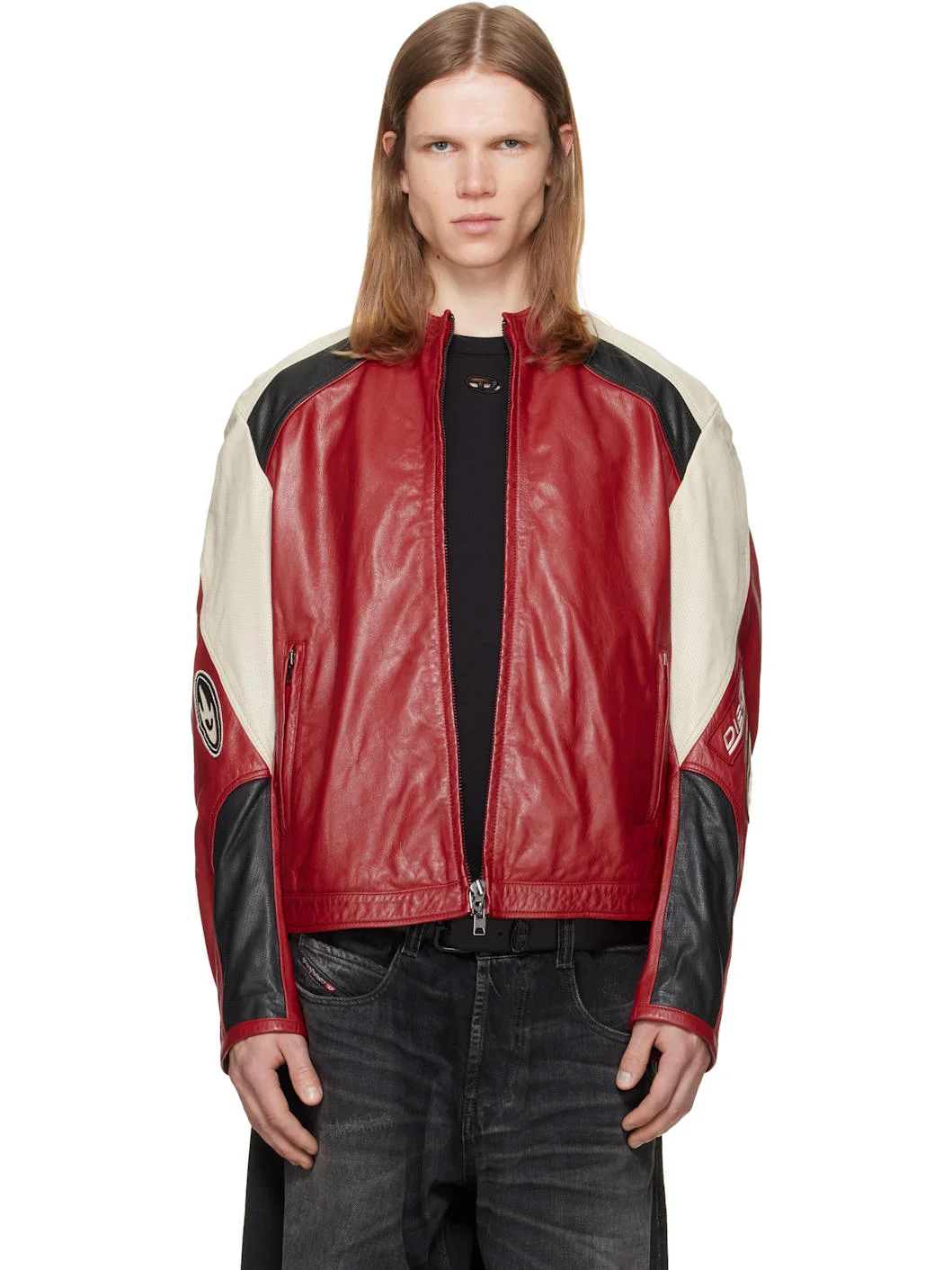 Red Colour-Block Perforated Leather Biker Jacket - 1