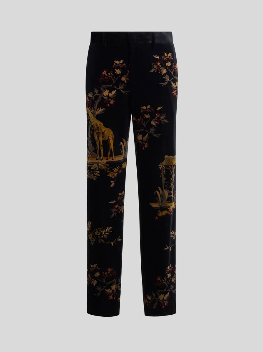 STRAIGHT-LEG COTTON VELVET TROUSERS WITH PLACED FLOWER AND ANIMAL PRINT - 1