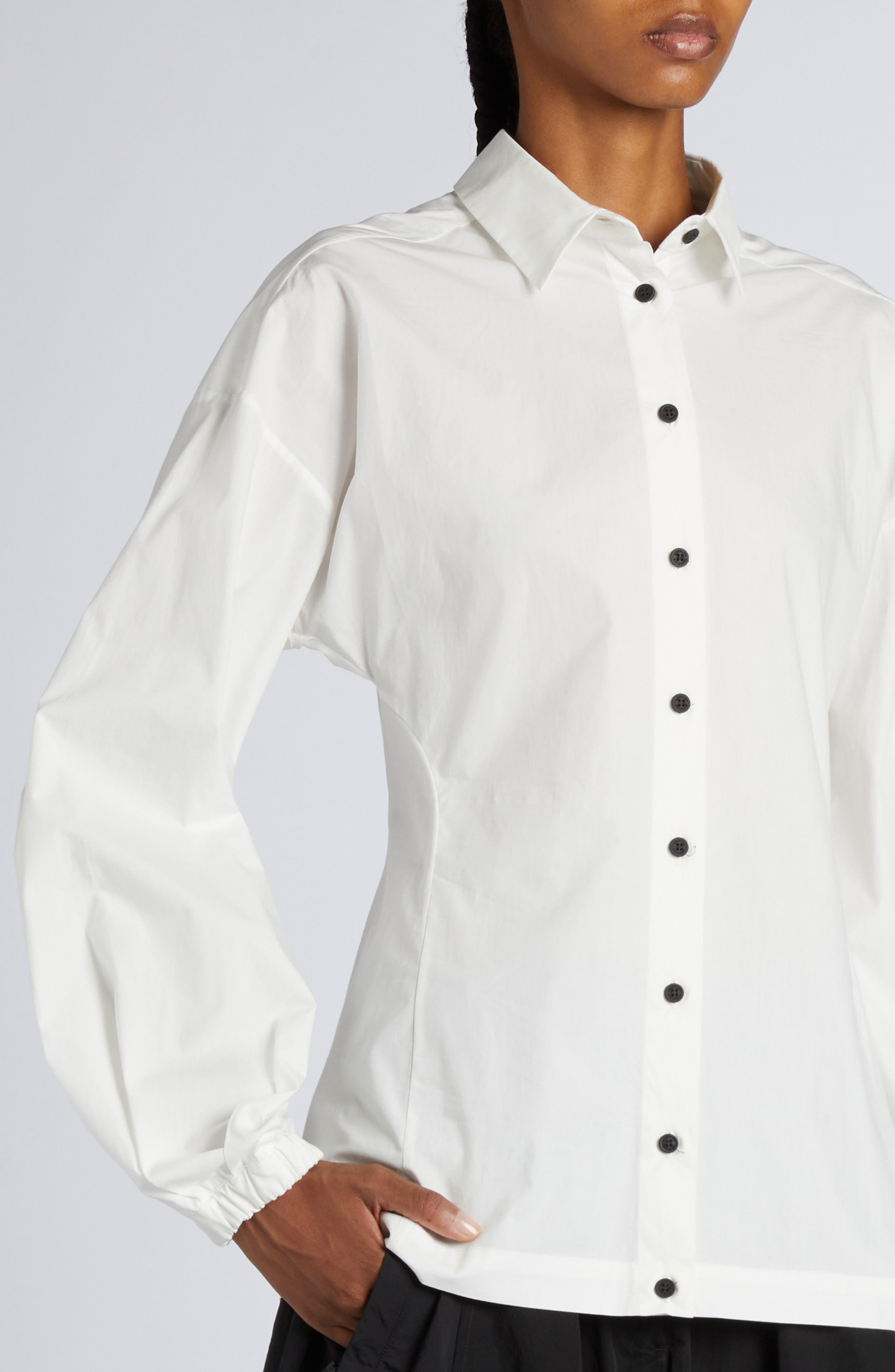 Moncler Logo Balloon Sleeve Cotton Button-Up Shirt in Bright White at Nordstrom - 5
