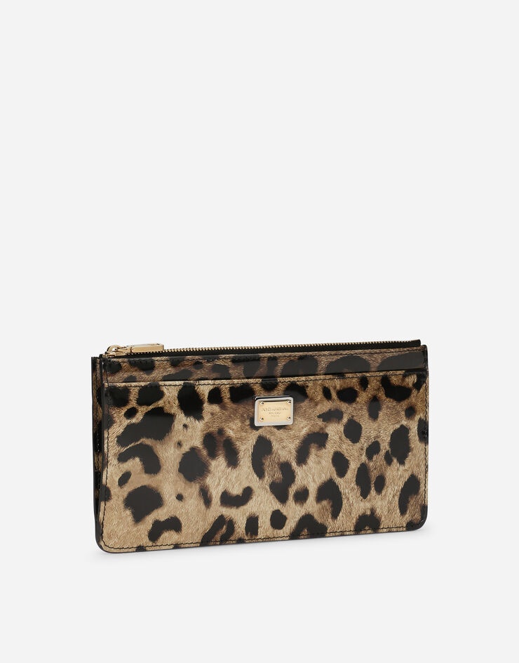 Large polished calfskin card holder with zipper and leopard print - 2