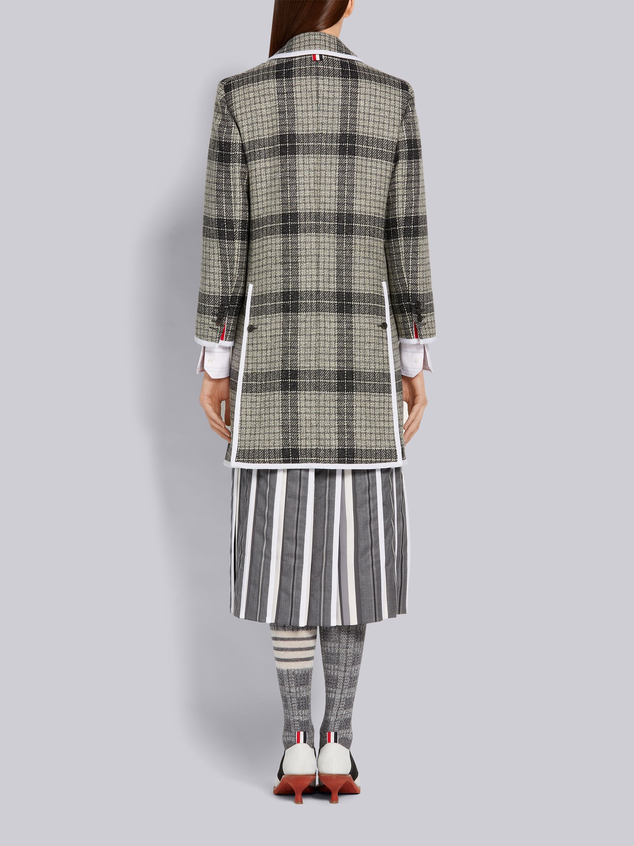 Medium Grey Grid Windowpane Check British Wool Grosgrain Tipping Narrow Shoulder Bal Collar Overcoat - 3
