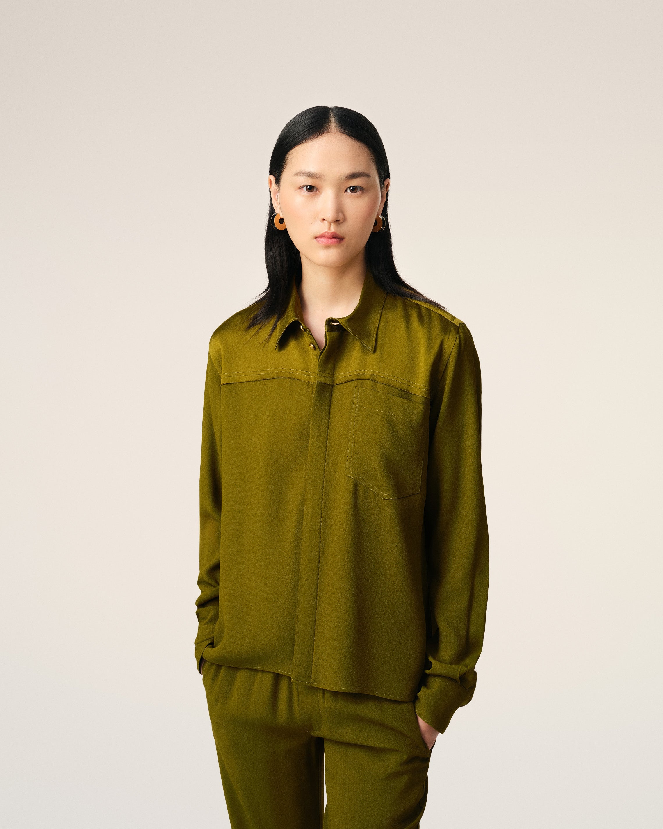 KHAKI CONTRASTED TOP LONG SLEEVE SHIRT - 3