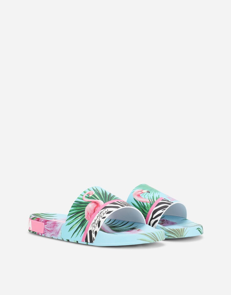 Rubber beachwear sliders with flamingo print - 3