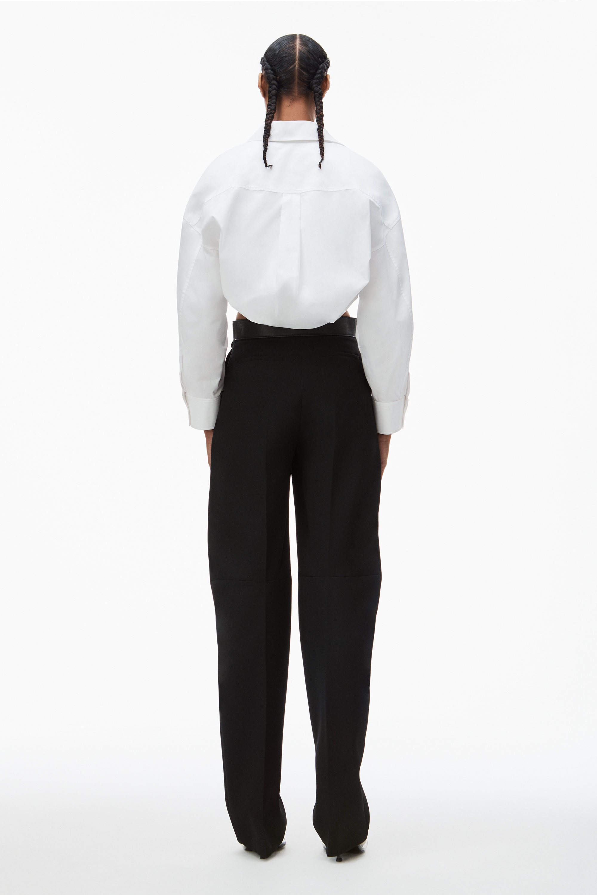 double layered cropped shirt in compact cotton with tie waistband