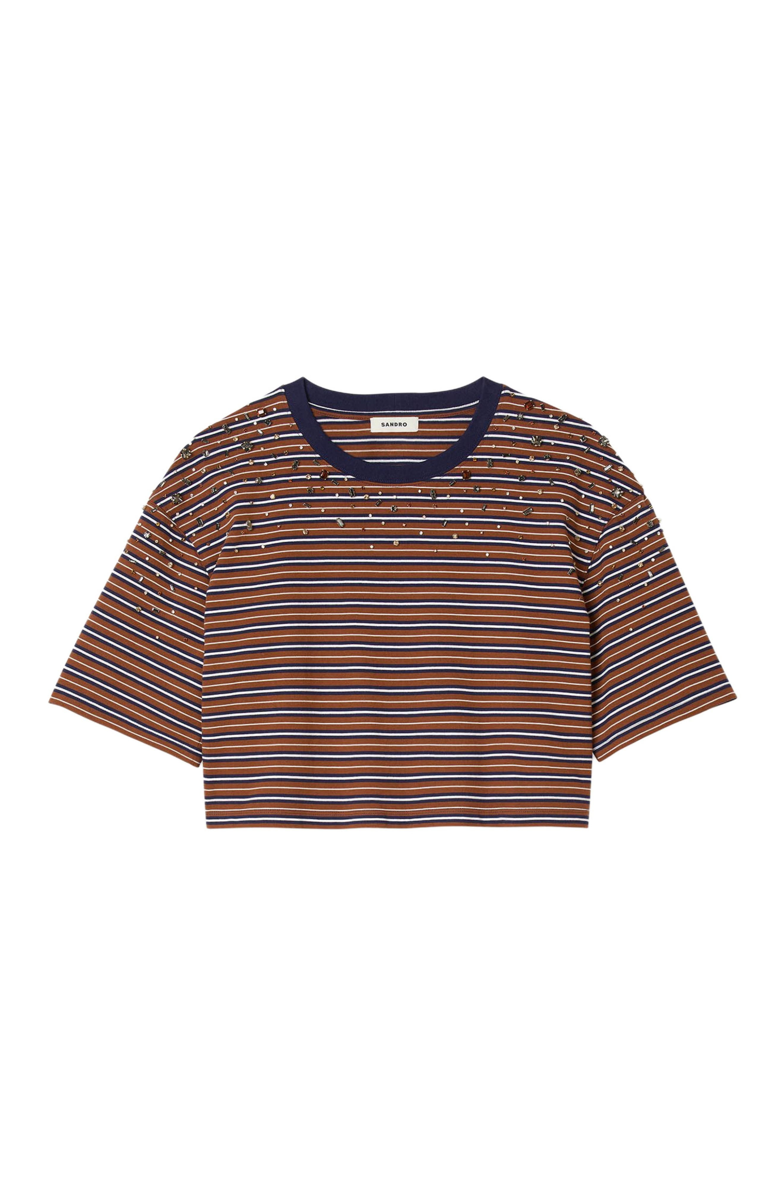 SANDRO Striped rhinestone T-shirt in Brown /Deep Blu at Nordstrom - 5