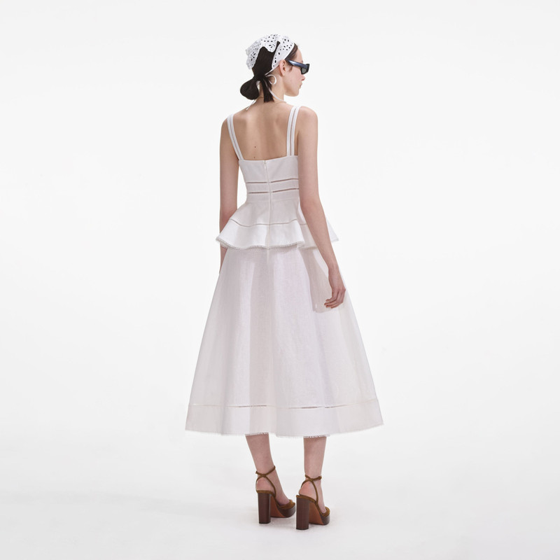 self-portrait Cream Linen Peplum Midi Dress outlook