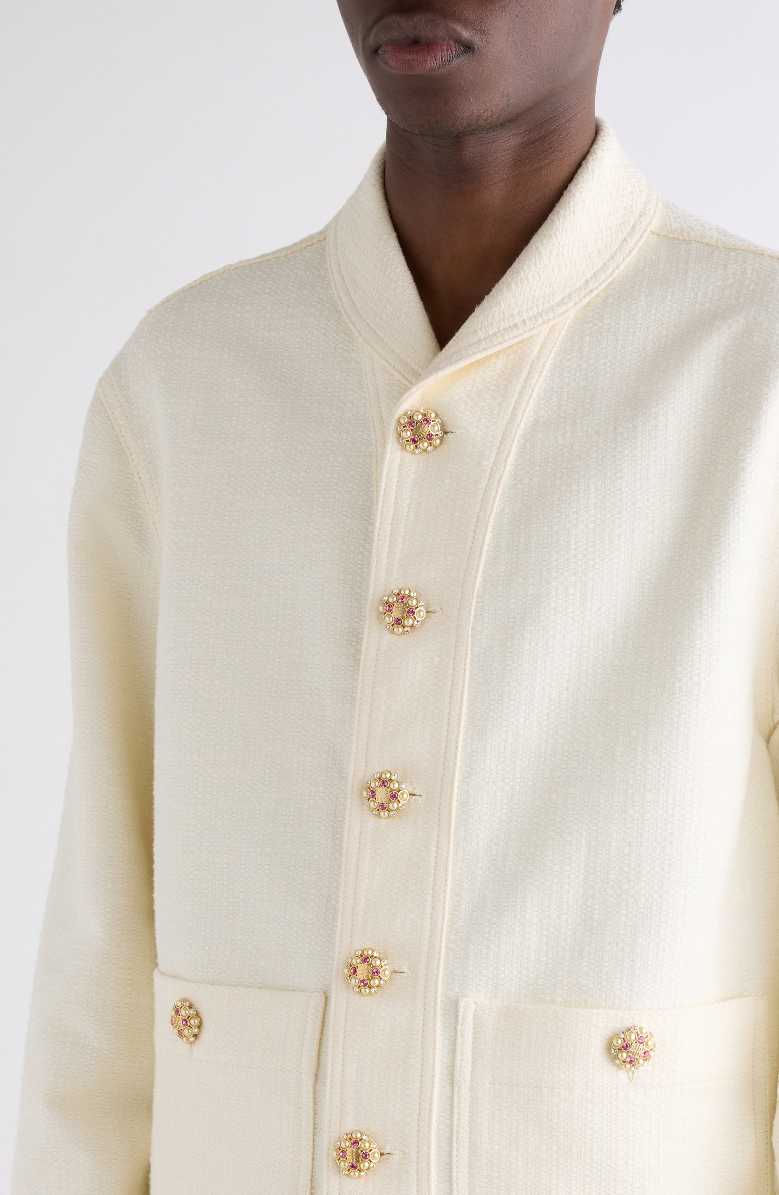 Givenchy Crystal & Imitation Pearl Button Shawl Collar Tweed Jacket in White at Nordstrom - 4