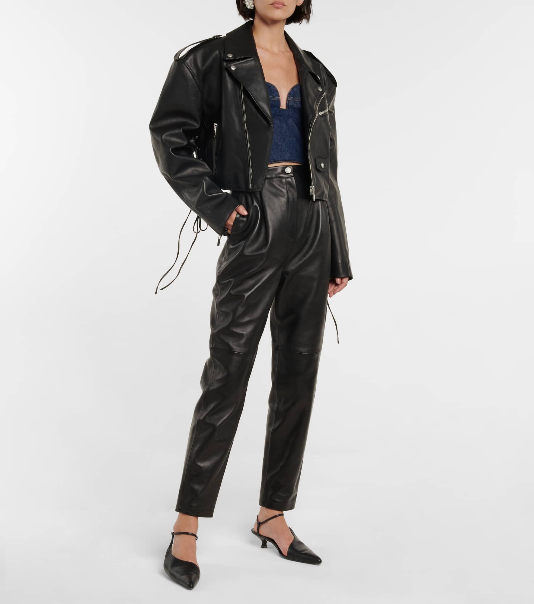 Cropped leather biker jacket - 2