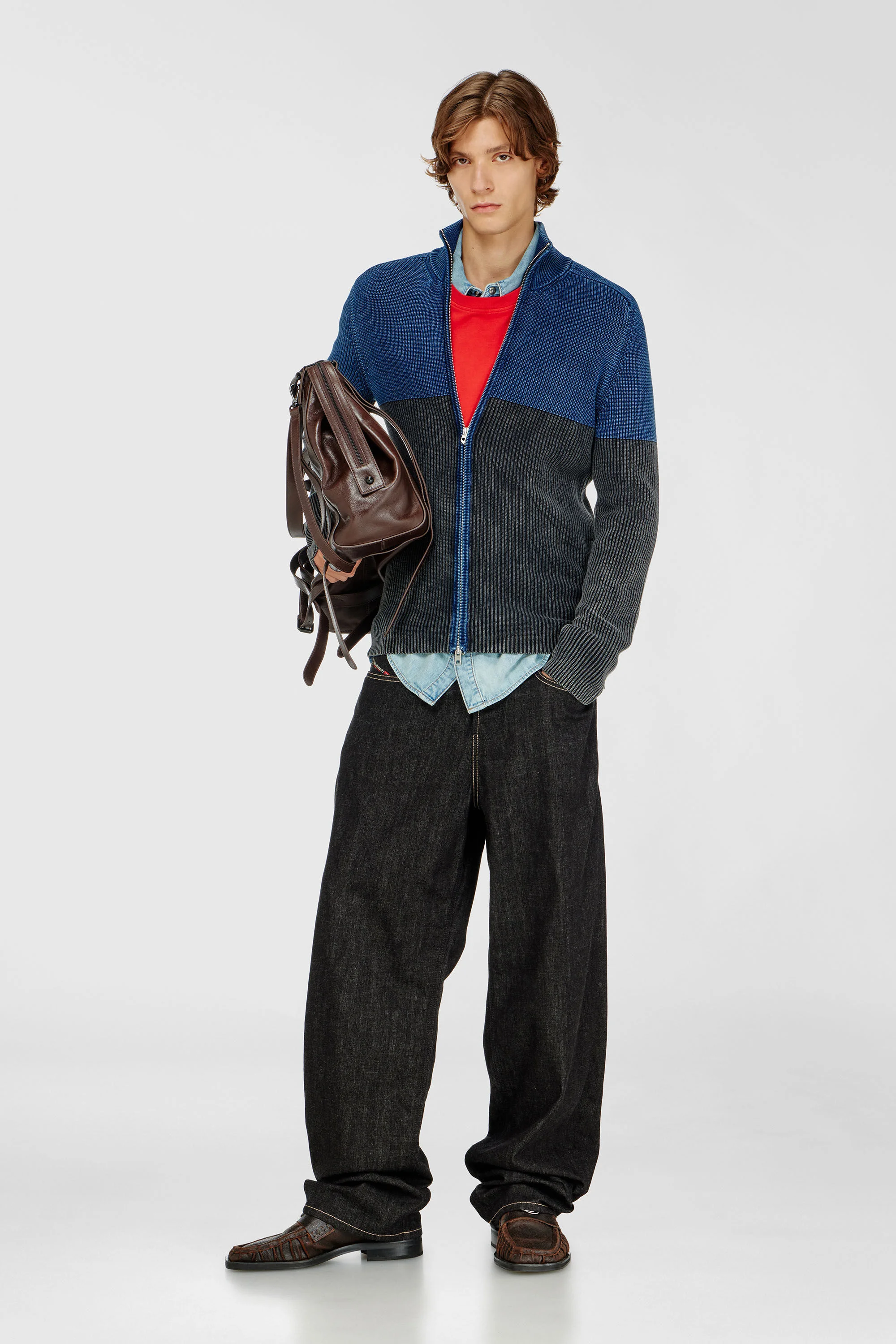 ZIP-UP CARDIGAN WITH TWO-TONE DENIM EFFECT - 1