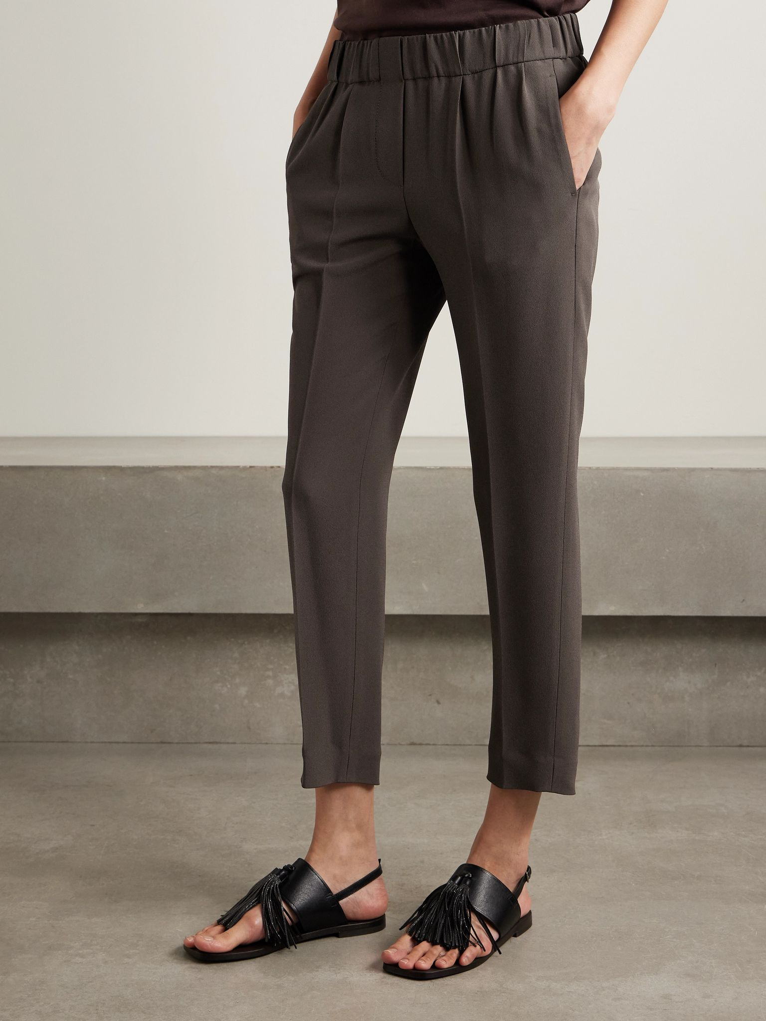 Cropped pleated crepe pants Dark brown - 3