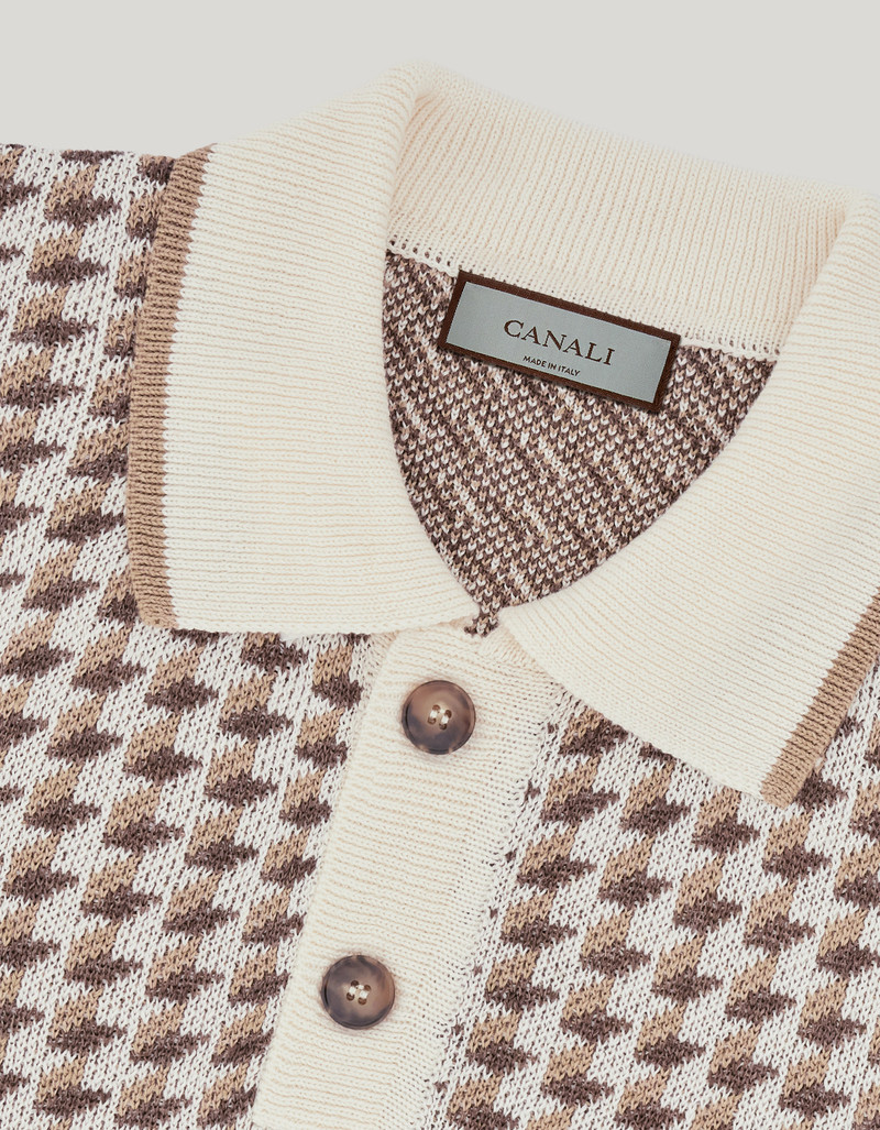 BEIGE SHORT-SLEEVED LINEN AND SILK JACQUARD POLO SHIRT WITH HOUNDSTOOTH PATTERN 6
