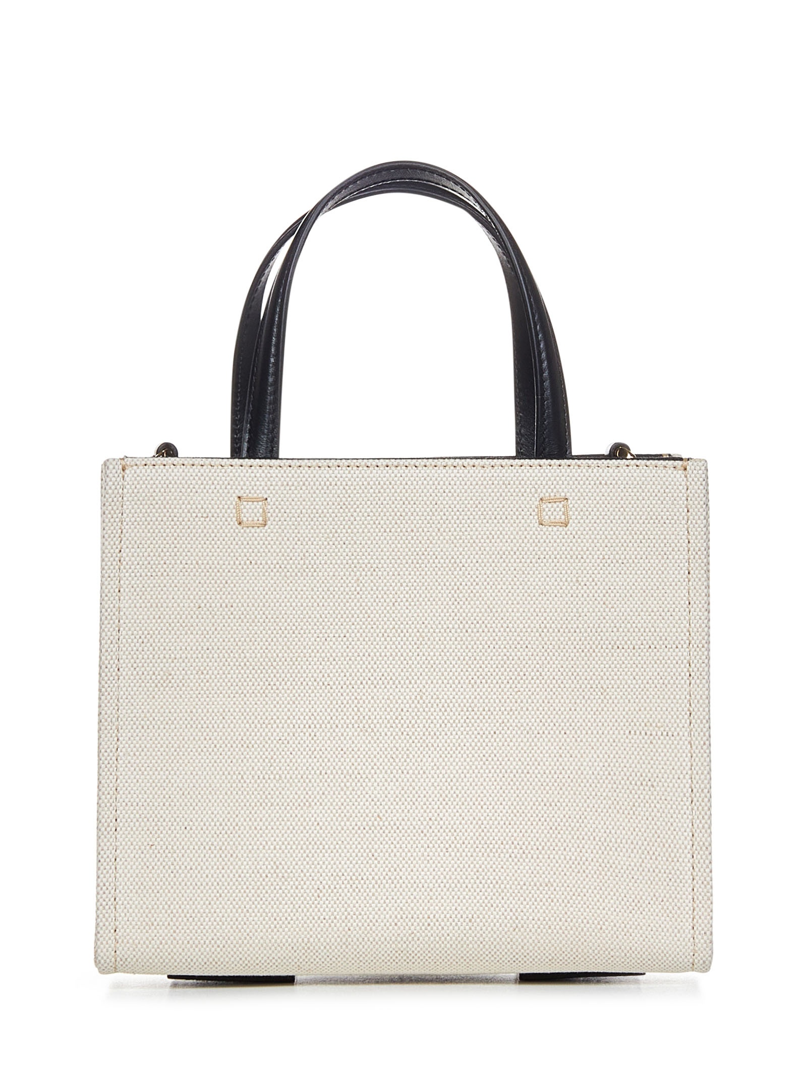 Mini beige cotton and linen canvas tote bag with signature at front and shoulder strap. - 3