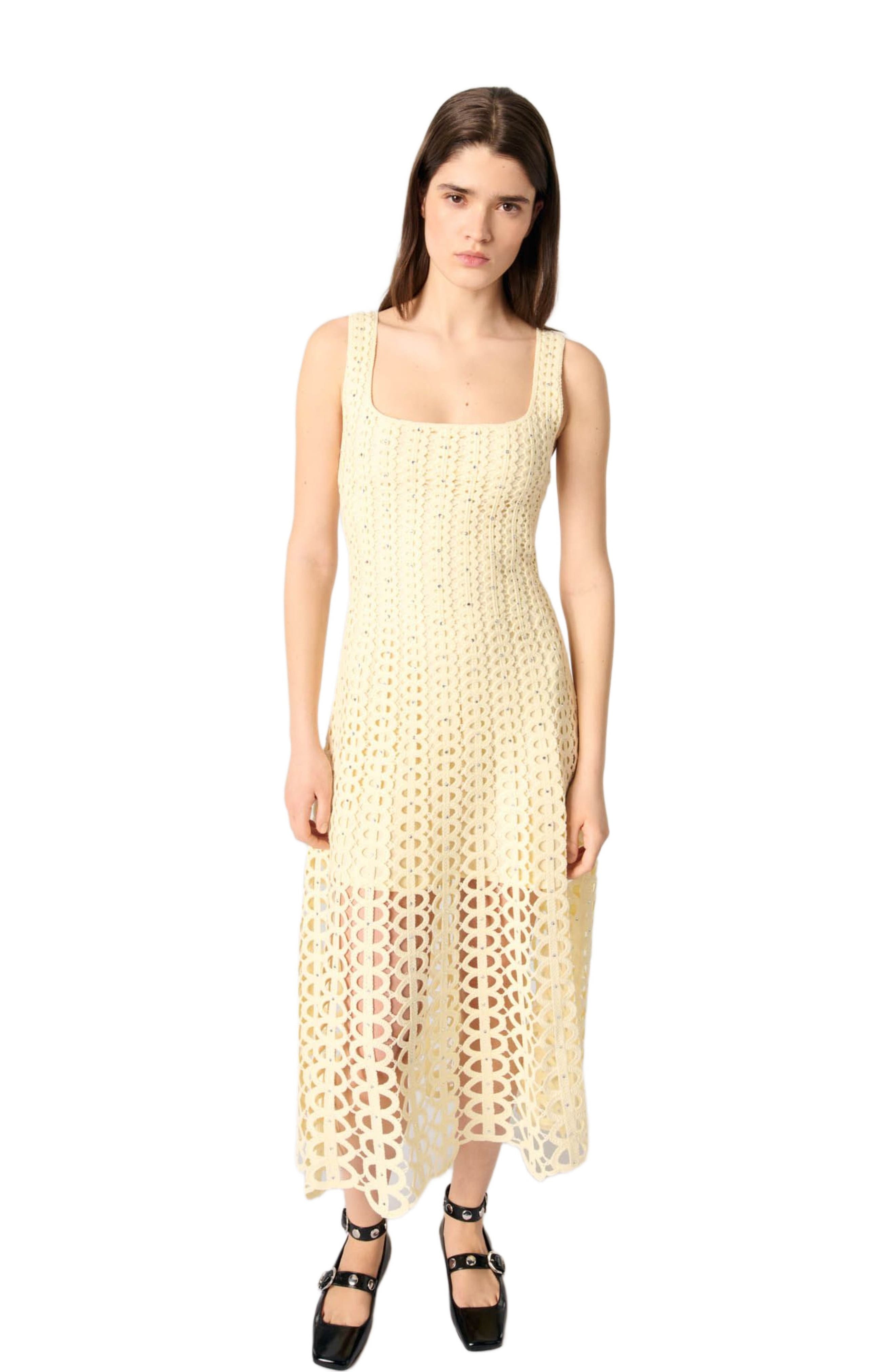 maje Rhinestone crochet midi dress in Yellow at Nordstrom - 4