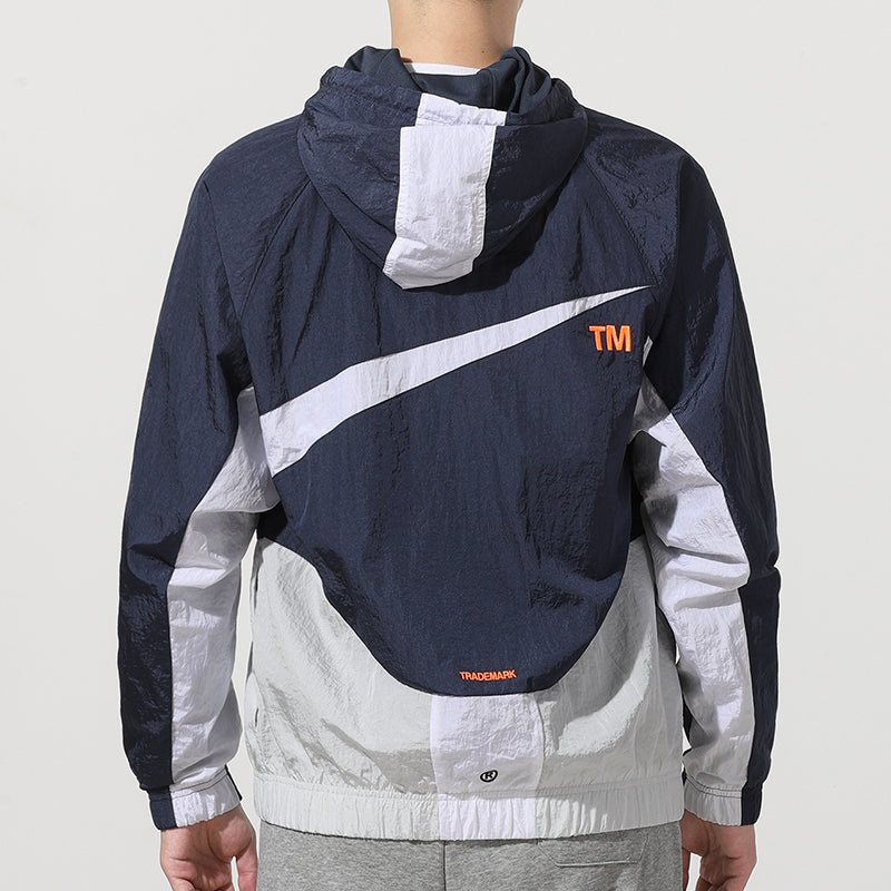 Men's Nike Sportswear Swoosh Contrasting Colors Large Logo Hooded Woven Jacket Autumn Navy Blue DD59 - 4