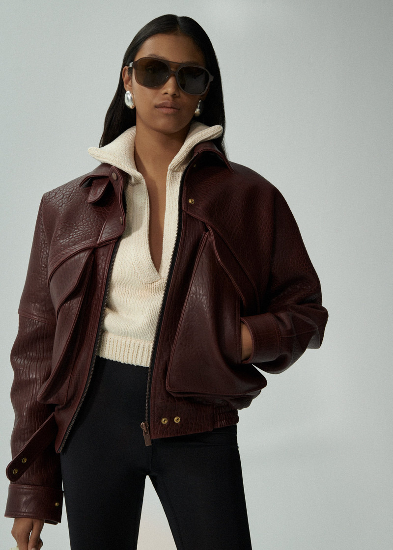 Vintage leather bomber jacket in embossed burgundy 7