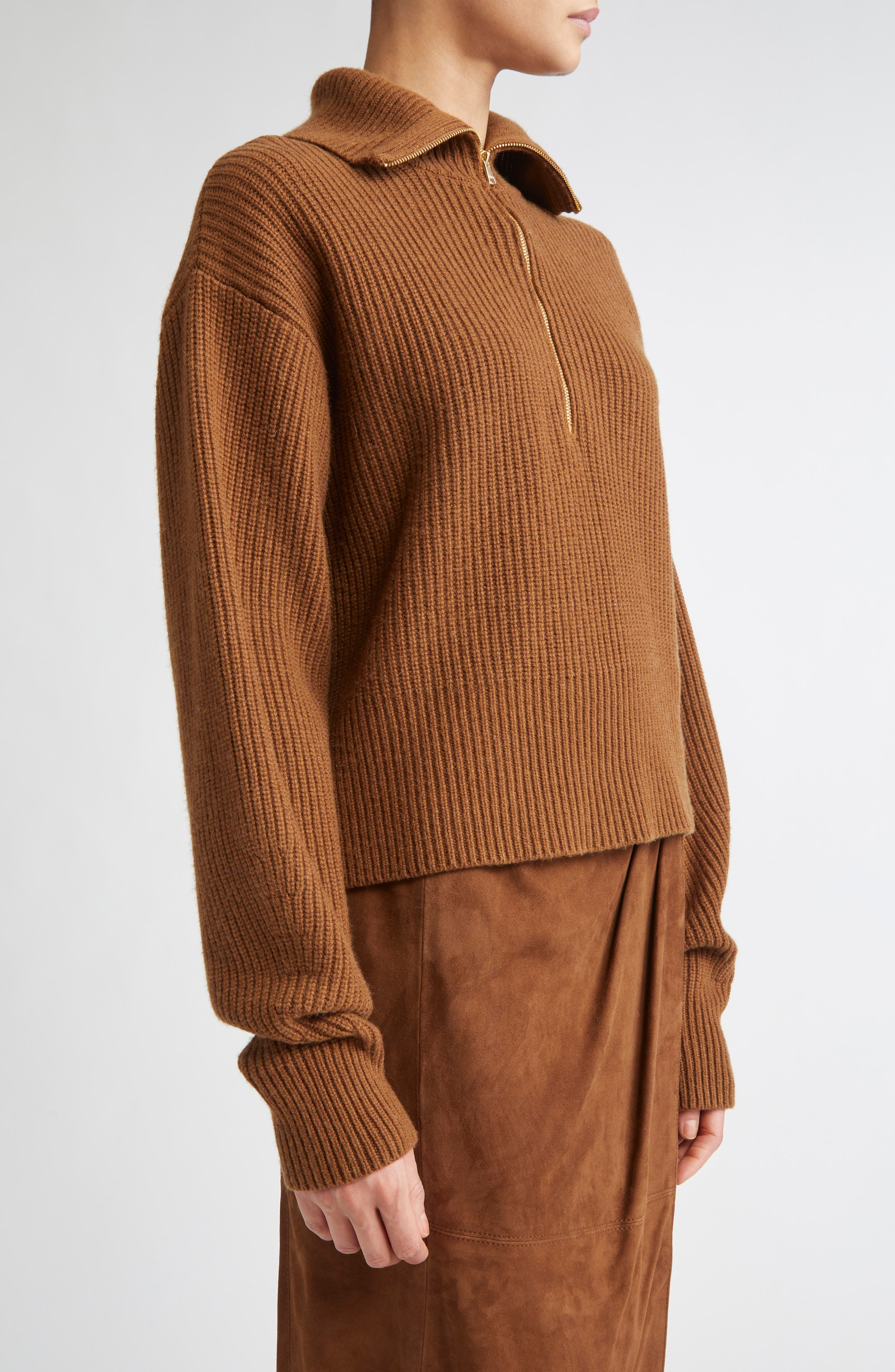 Max Mara Nadar Merino Wool & Cashmere Half Zip Sweater in Tobacco at Nordstrom - 4