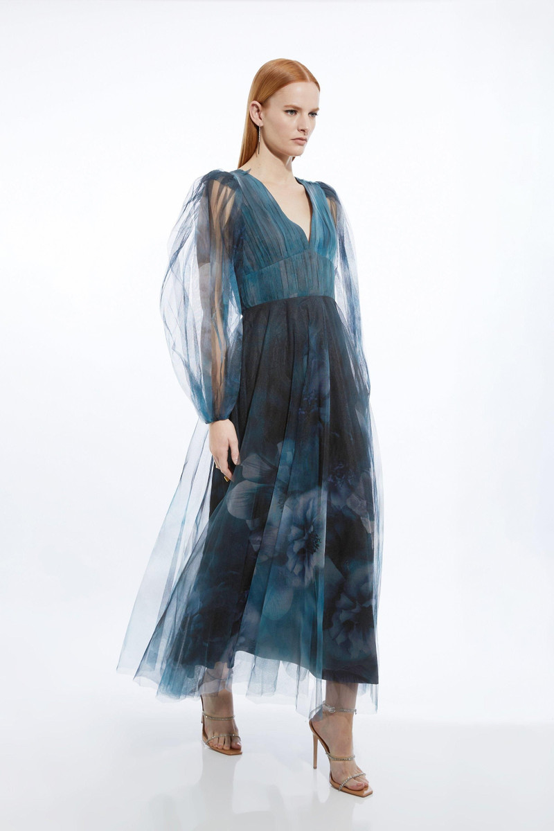 Blurred Floral Tulle Plunge Maxi Dress 3