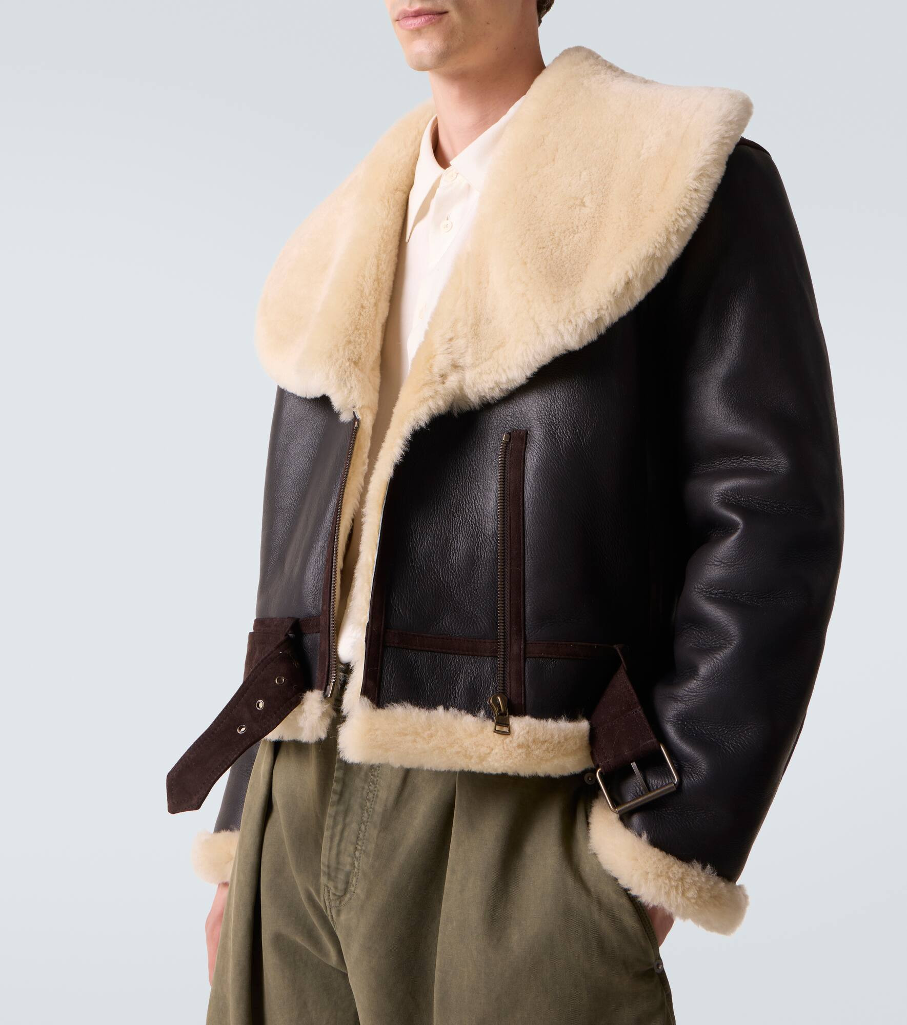 Shearling-trimmed leather jacket - 5