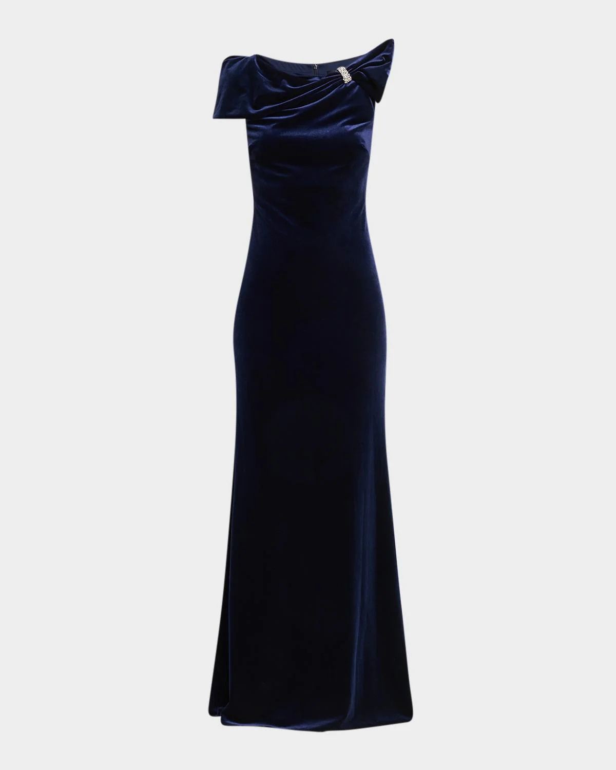 Draped Stretch Velvet Column Gown - 1
