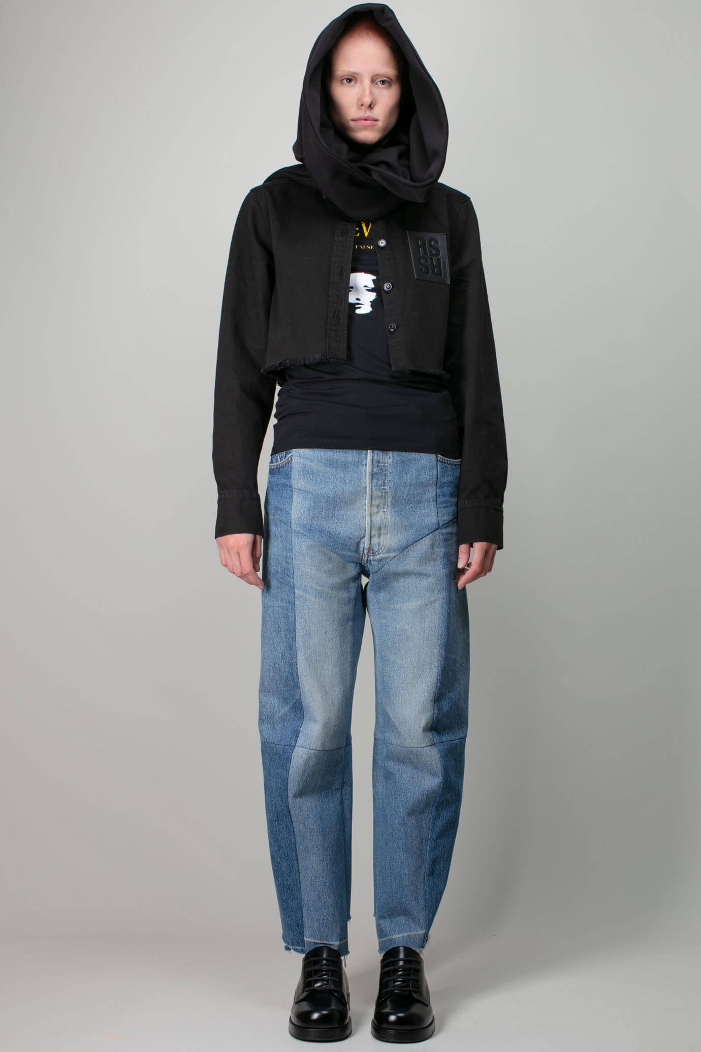 Cropped Denim Shirt with R Pin in Back - 2