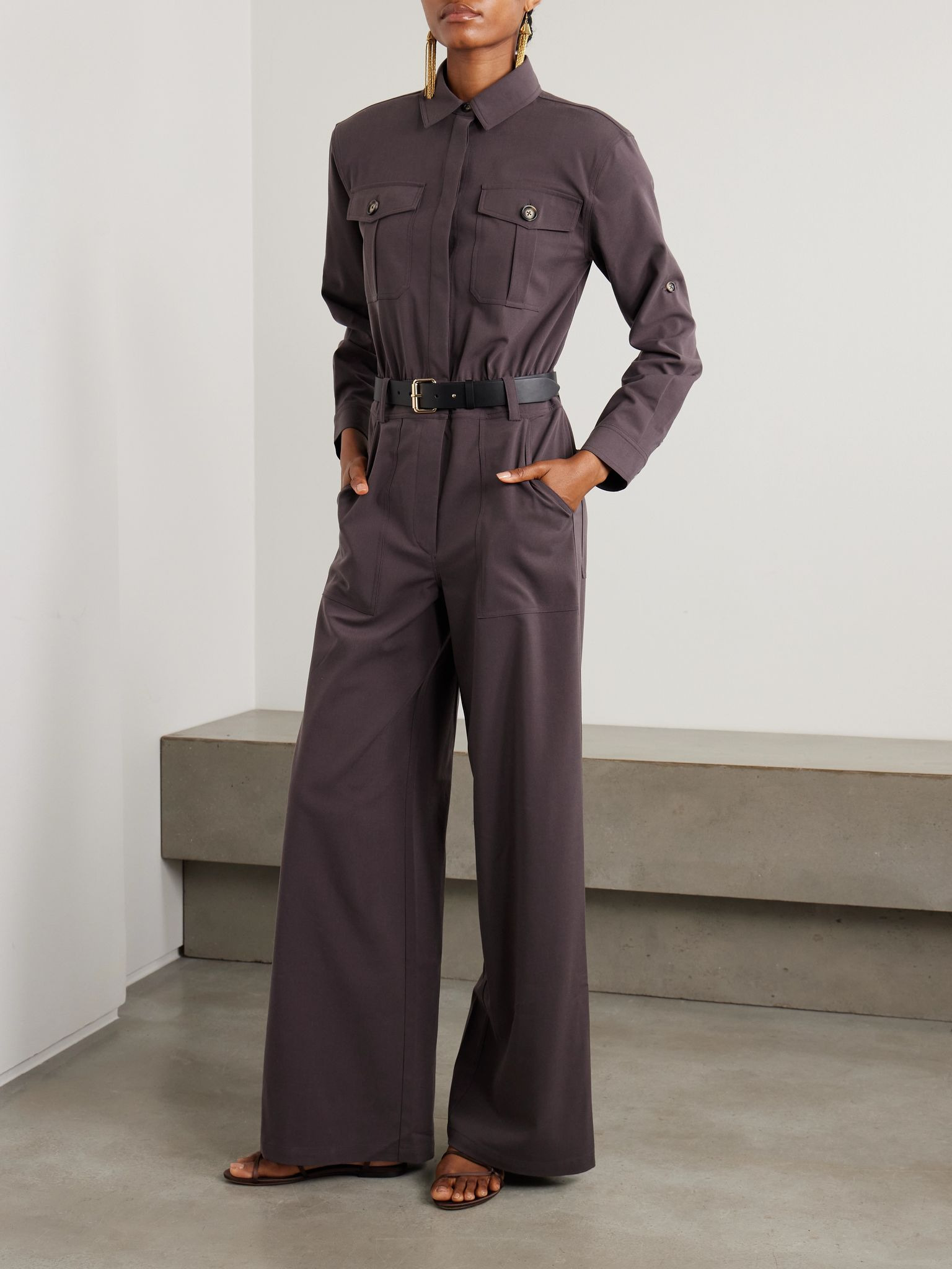 Belted leather-trimmed twill jumpsuit Brown - 3