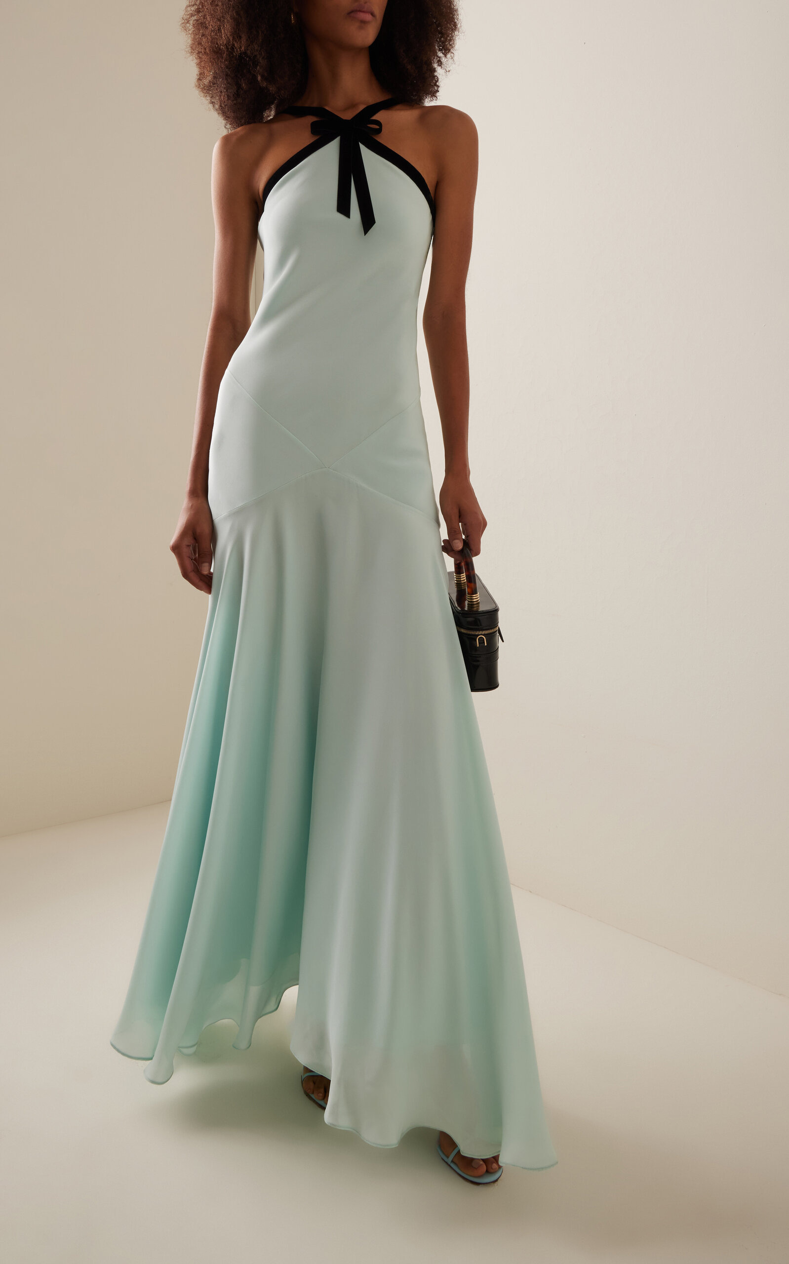 Bow-Detailed Silk Crepe and Georgette Halter Dress blue - 3