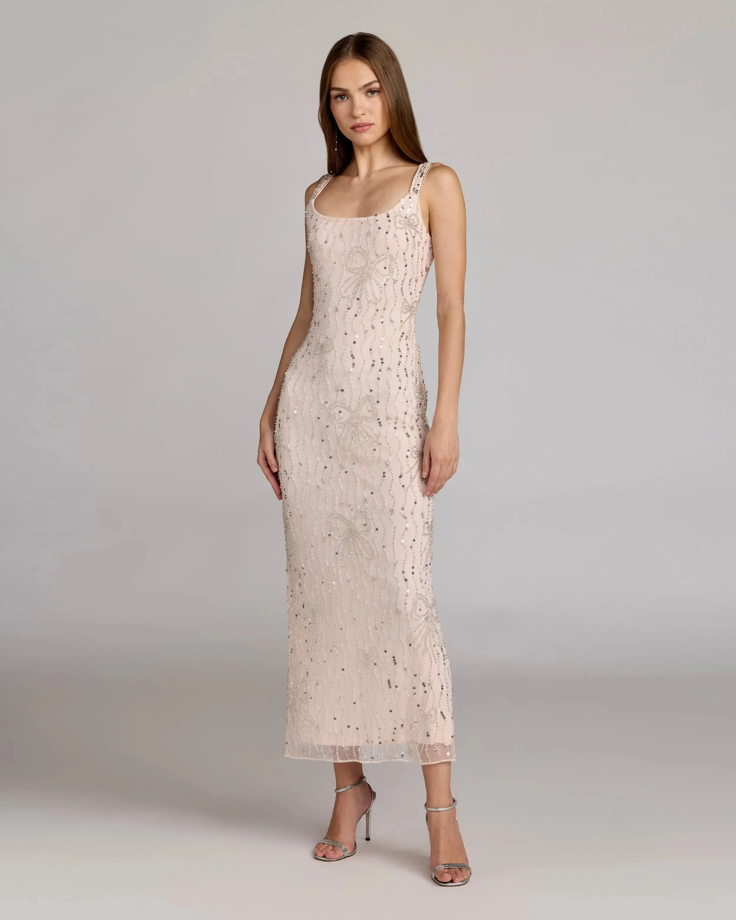Pink Beaded Bow Embellished Midi Dress - 1