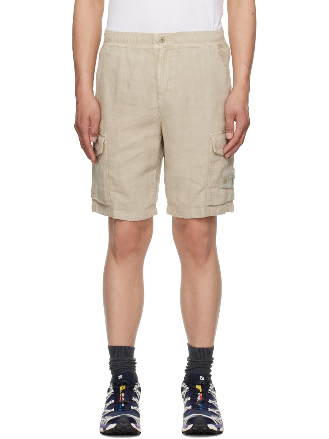 Beige Diagonal Linen Shorts - 1