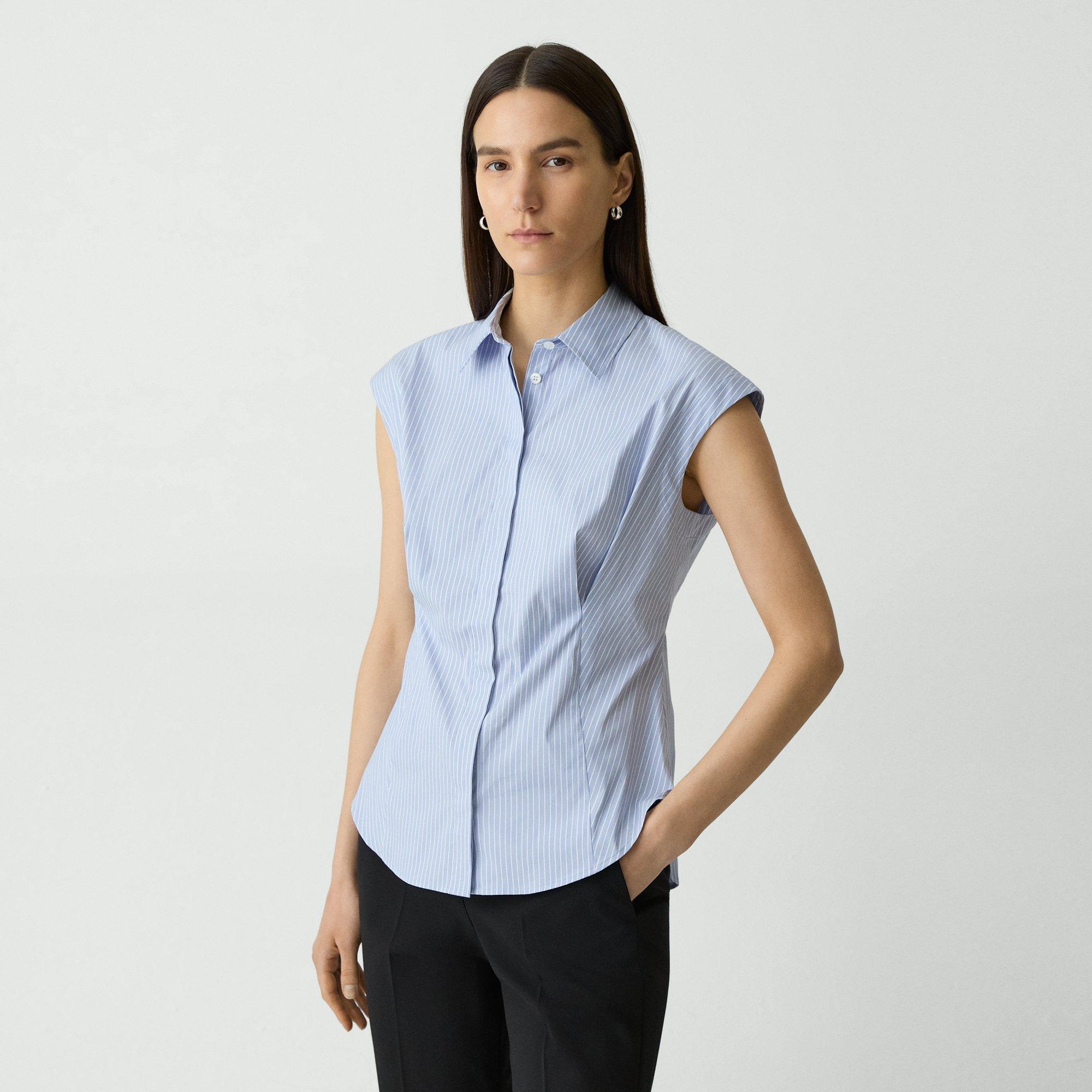 Cinched Cap-Sleeve Shirt in Striped Cotton-Blend - 3