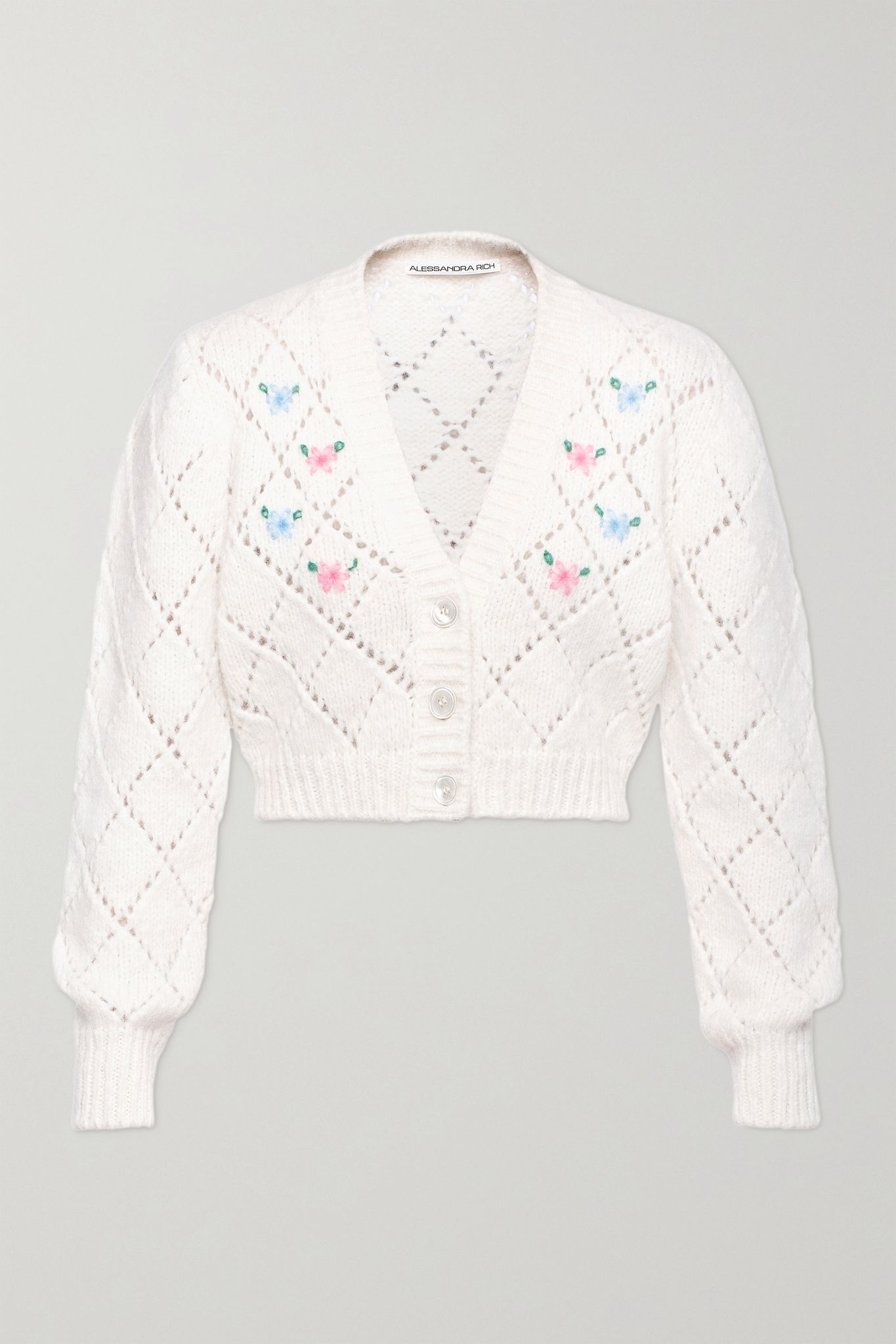 Cropped embroidered pointelle-knit alpaca-blend cardigan - 1