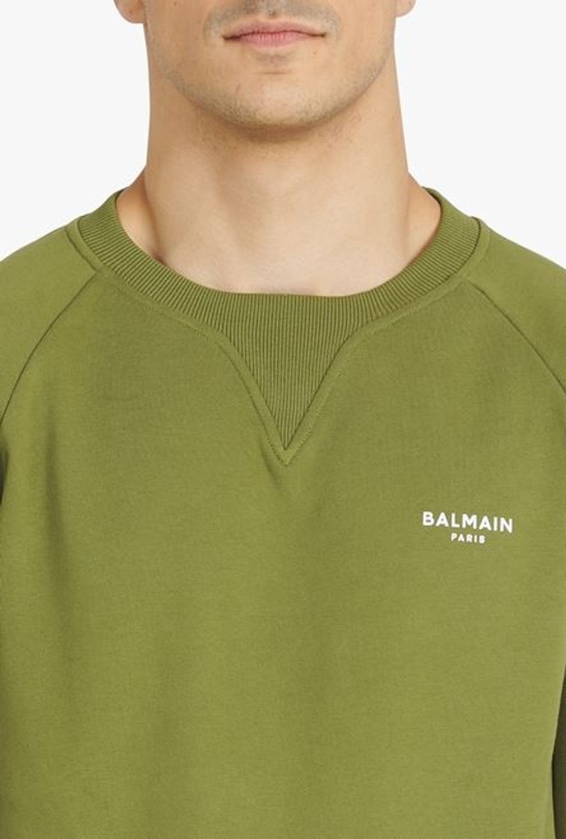 Light khaki eco-designed cotton sweatshirt with small flocked white Balmain Paris logo 6