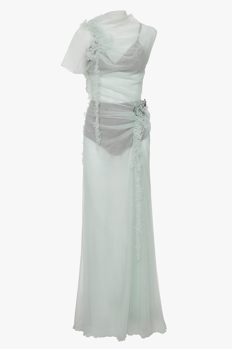 Gathered Tulle Detail Floor-Length Dress In Jade 1