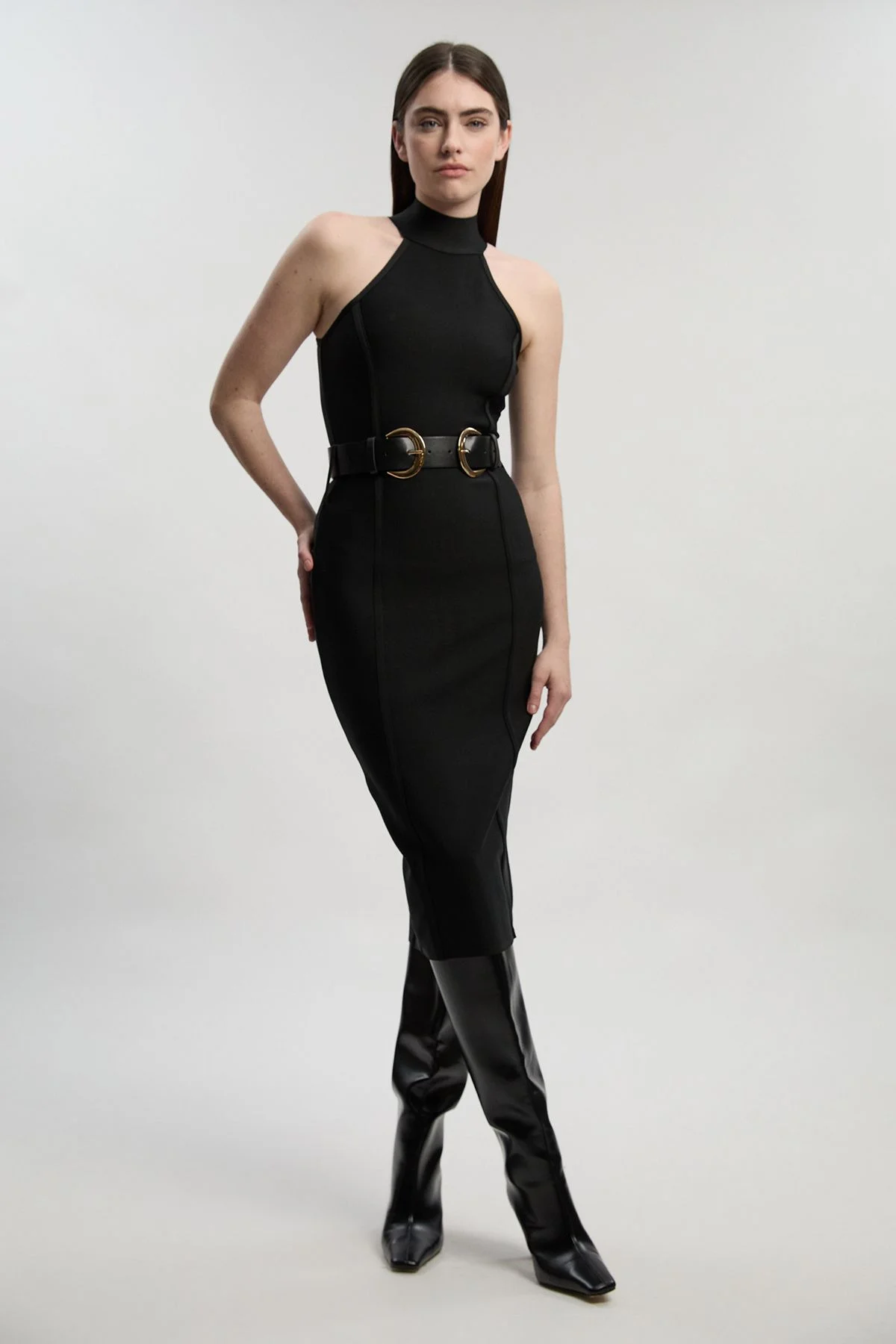 Petite Bandage High Neck Buckle Trim Midi Dress - 1