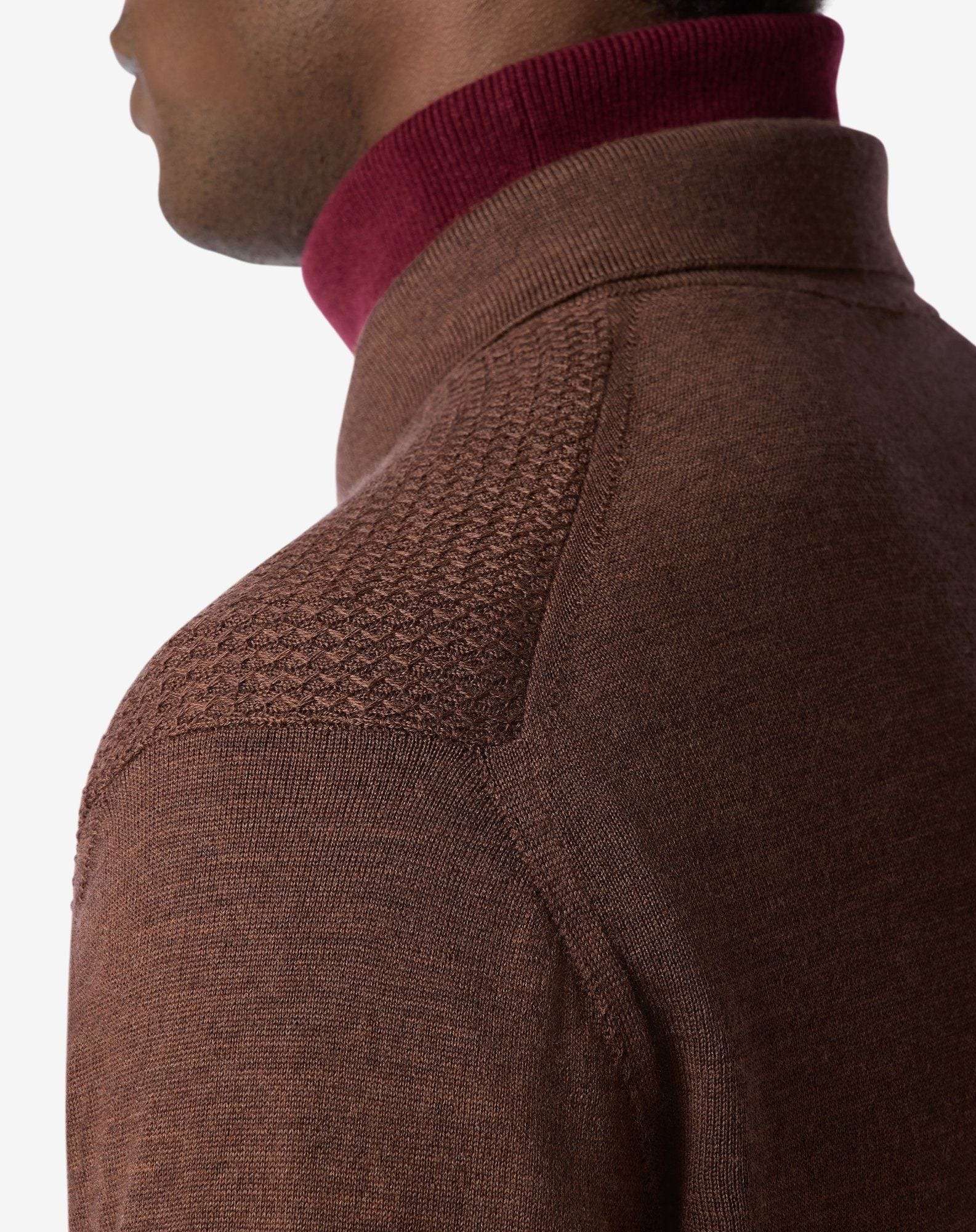 Tobacco brown zip-up extra fine wool polo shirt - 5