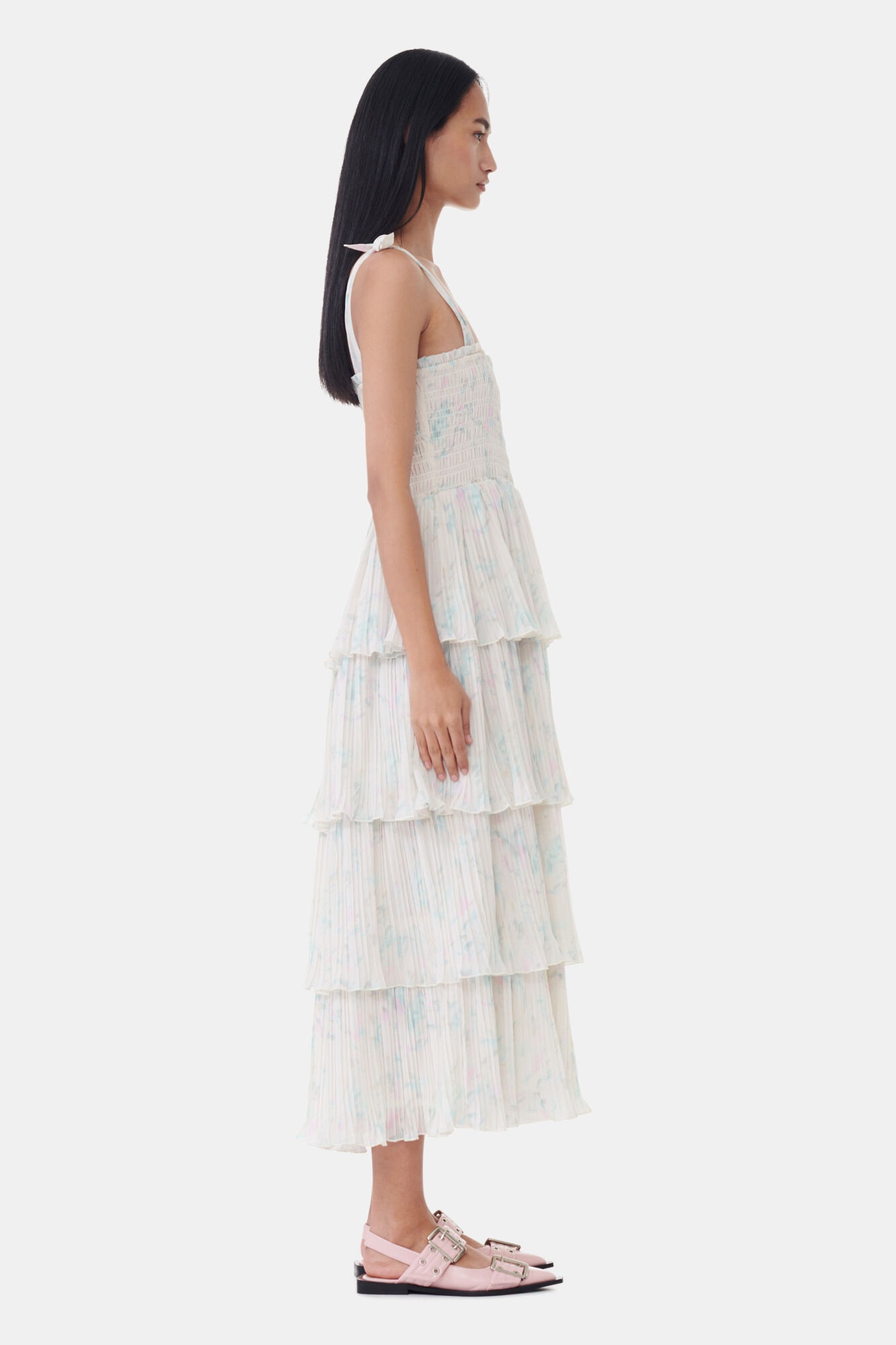 FLORAL PRINTED PLEATED GEORGETTE STRAP SMOCK MIDI DRESS - 4