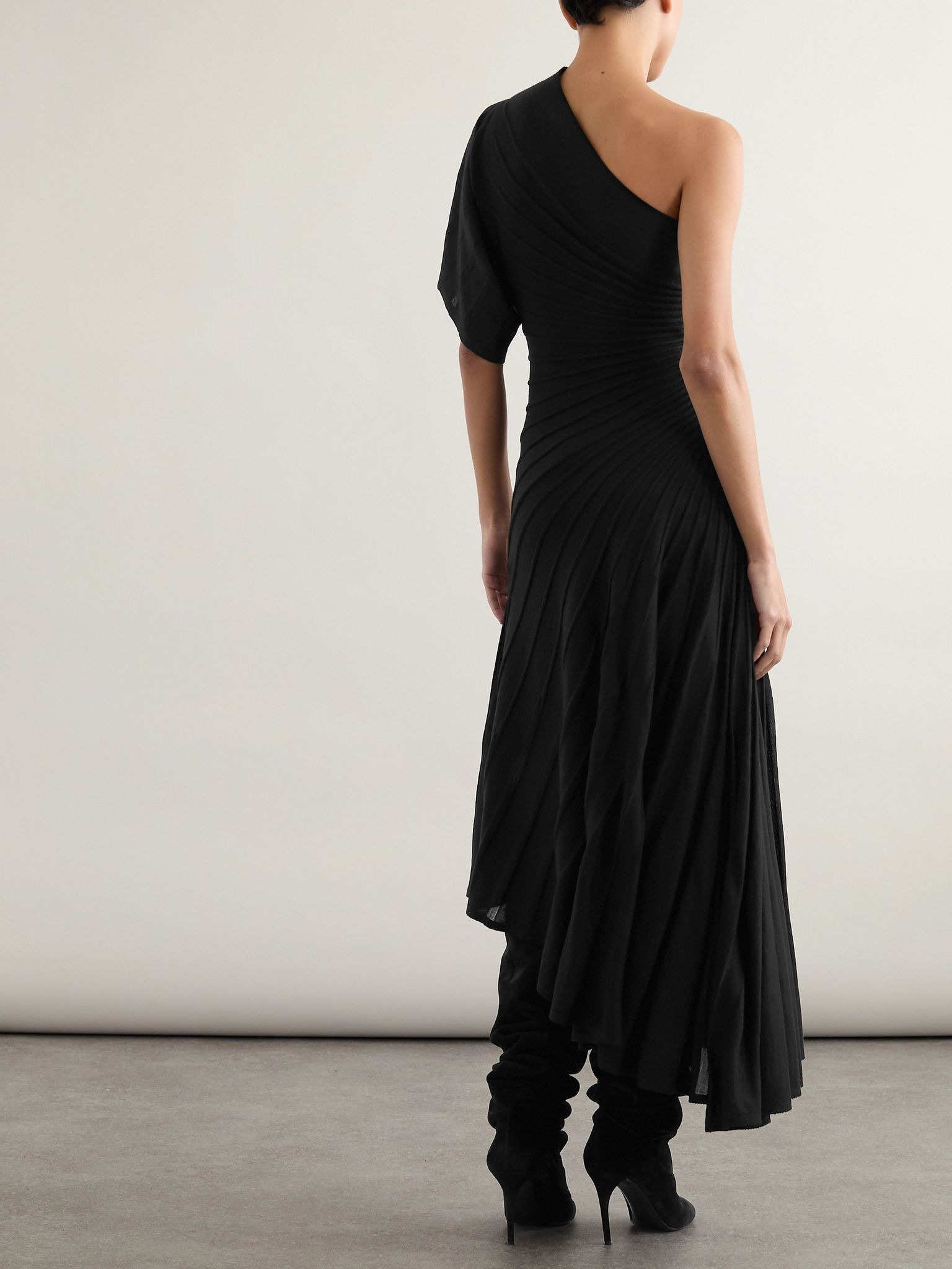 One-shoulder ribbed wool midi dress Black - 3