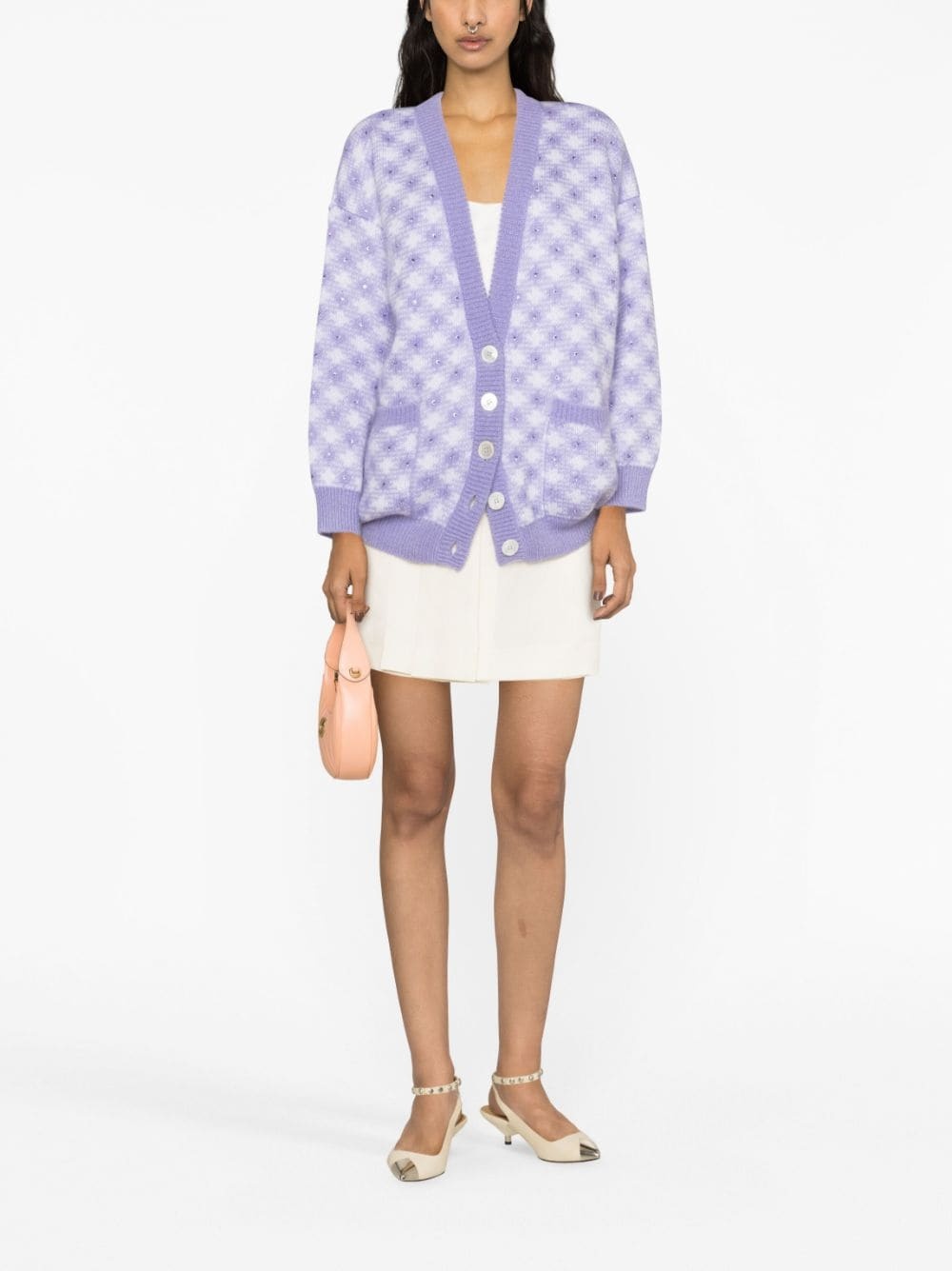 vichy-intarsia crystal-embellished cardigan - 2