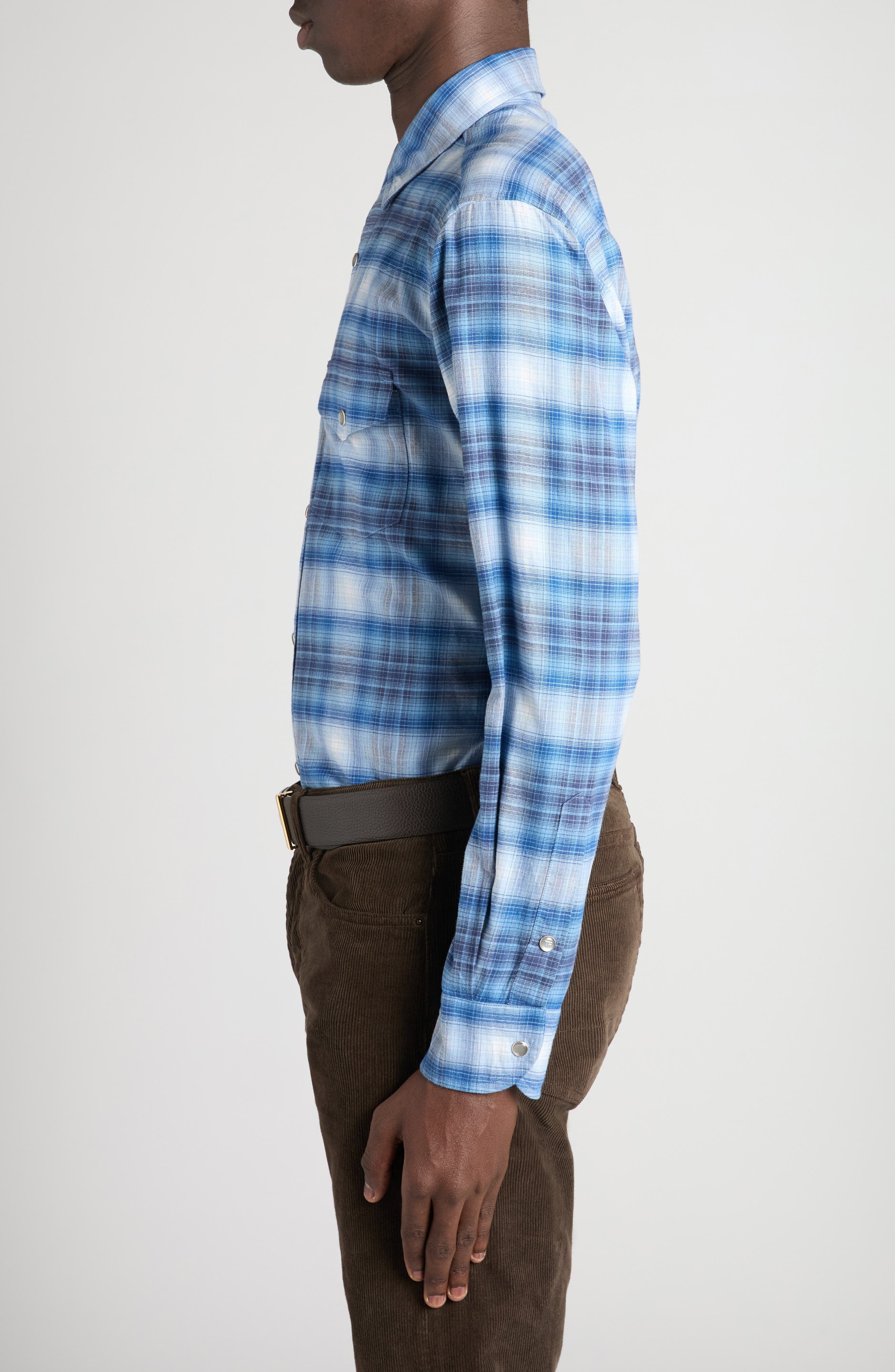 TOM FORD Slim Fit Defused Check Western Shirt in Combo Blue Shades at Nordstrom - 3