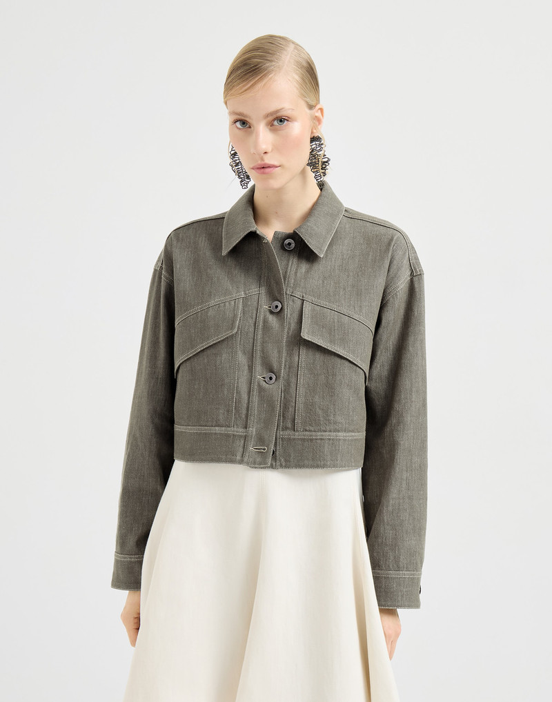 Cotton denim-effect twill outerwear jacket with monili 2