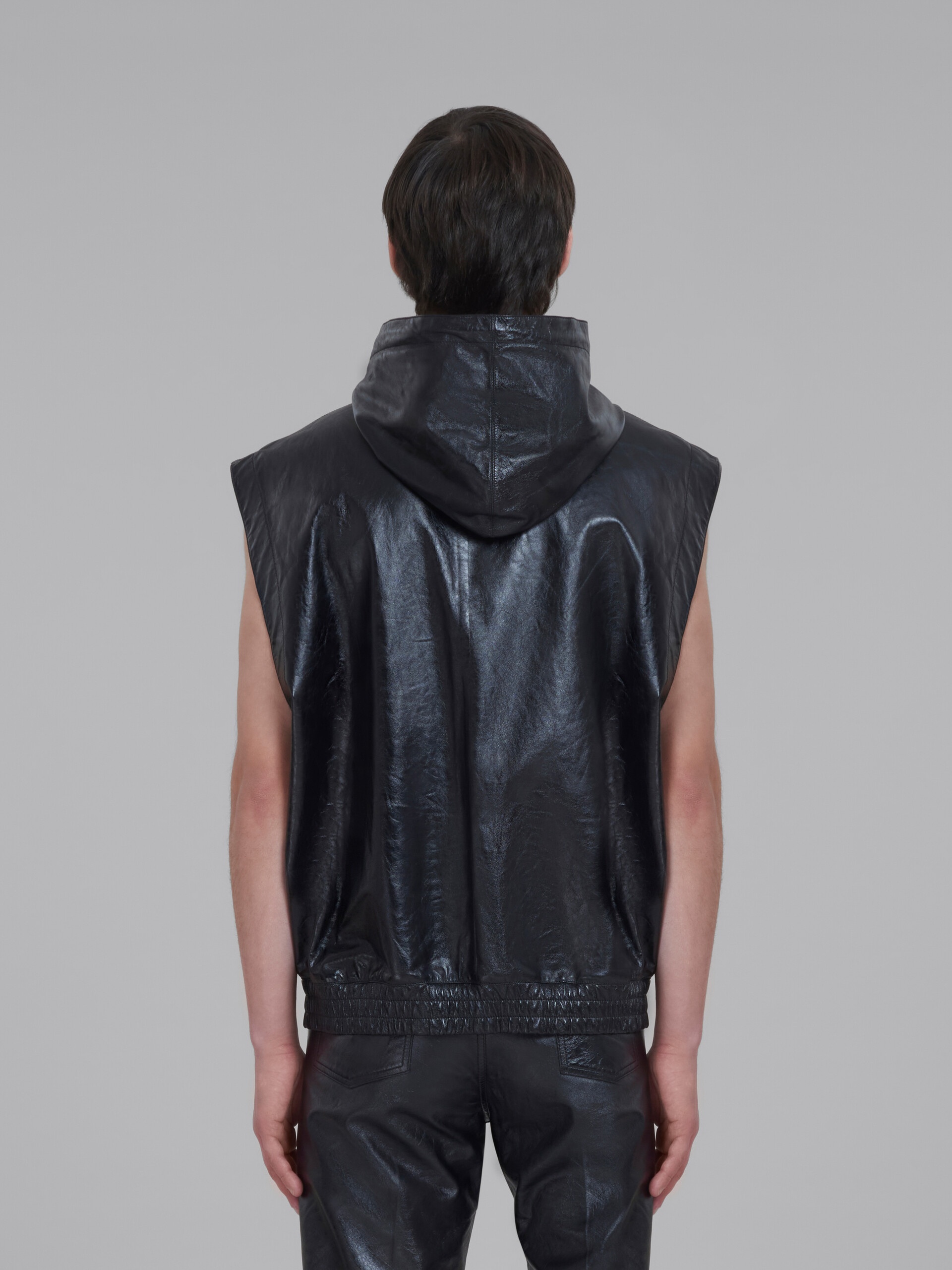BLACK ULTRALIGHT NAPLAK LEATHER VEST WITH HOOD - 3