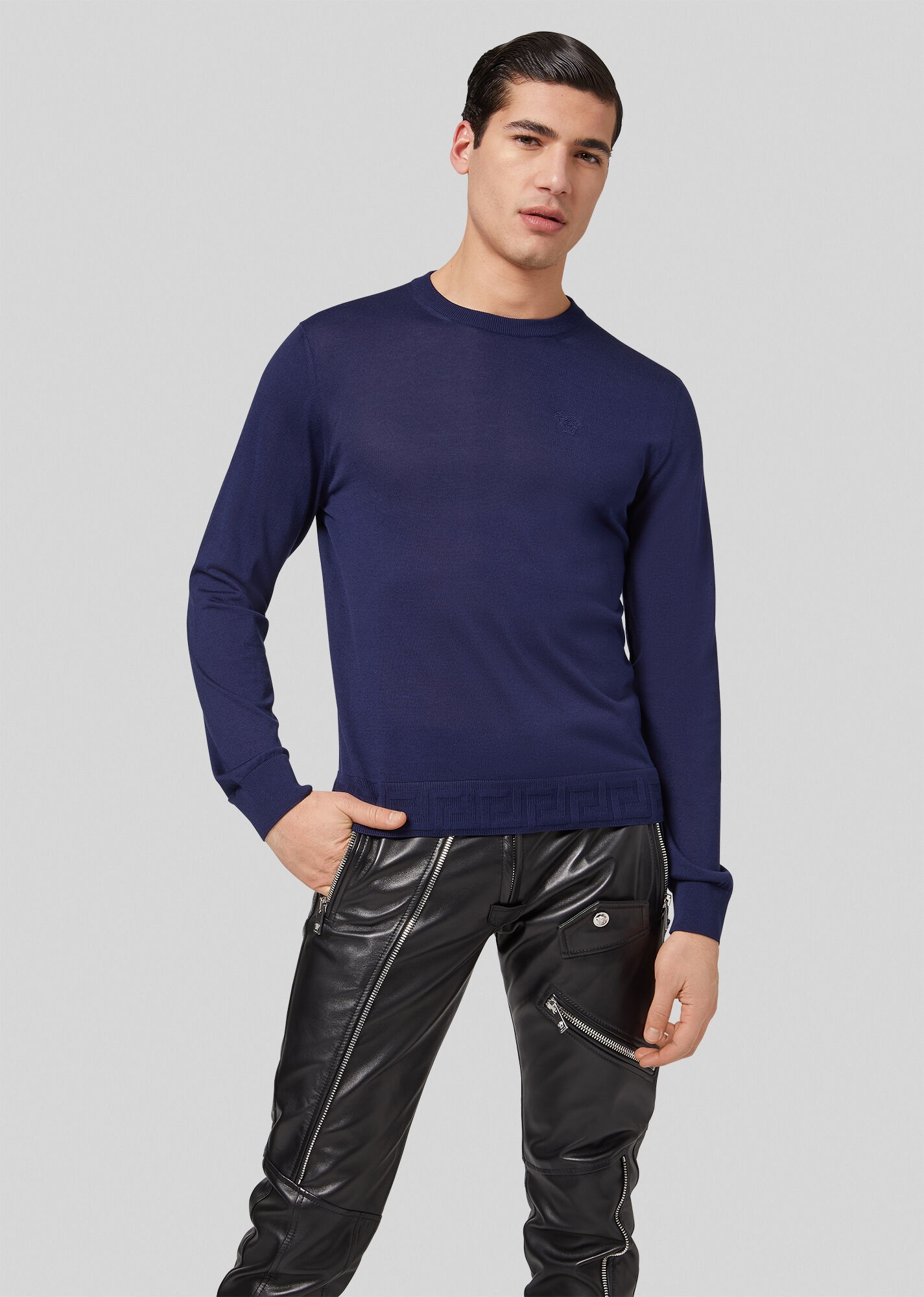 Greca Accent Crew Neck Silk Sweater - 2