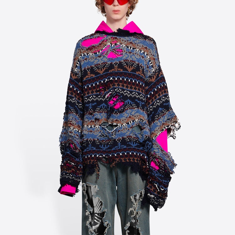Balenciaga Destroyed Fair Isle Wool-Blend Jumper 'Blue' 662518T16028088 - 2