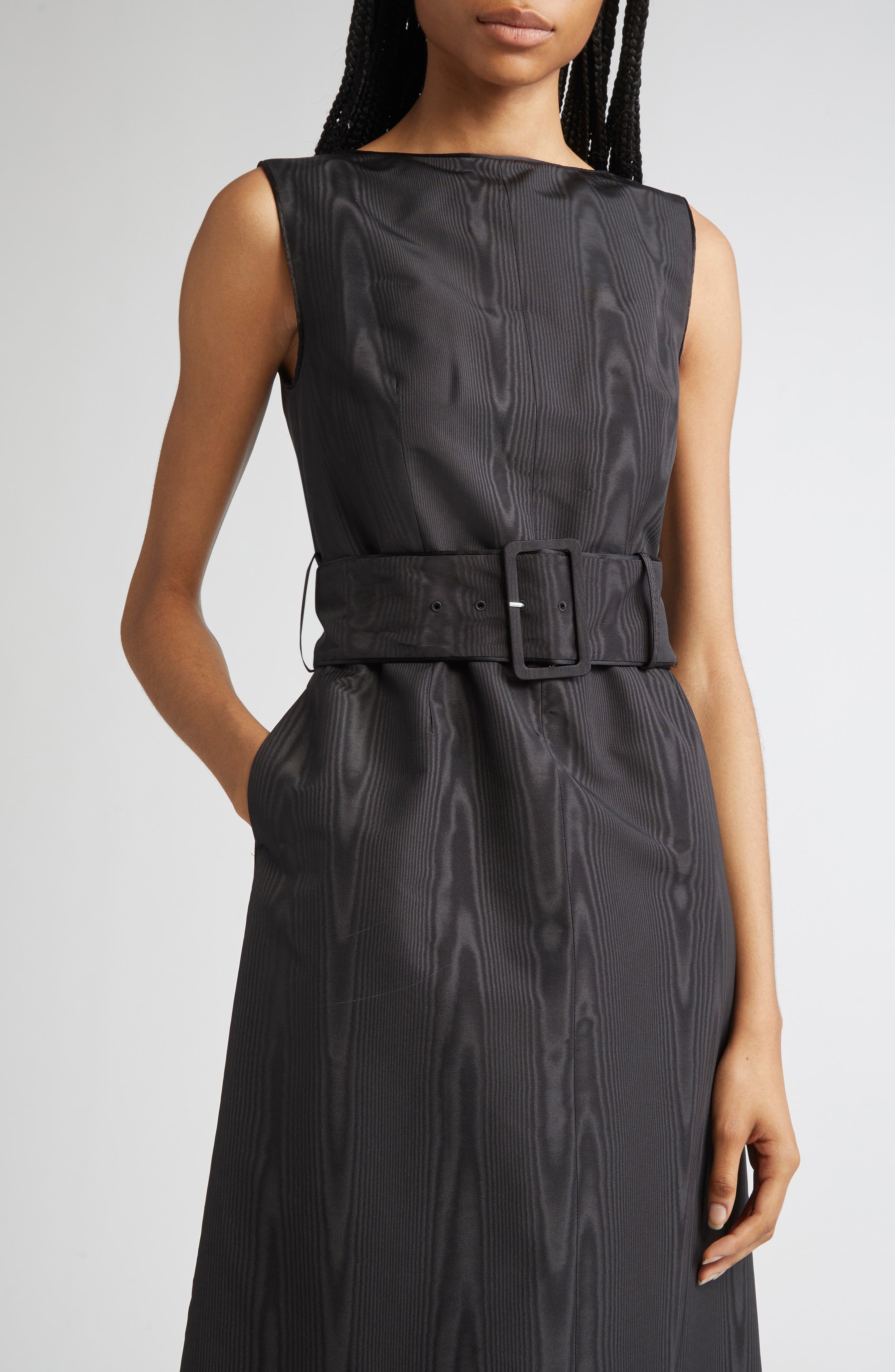 Thom Browne Bateau Neck Silk Moiré Belted Dress in Black at Nordstrom - 4