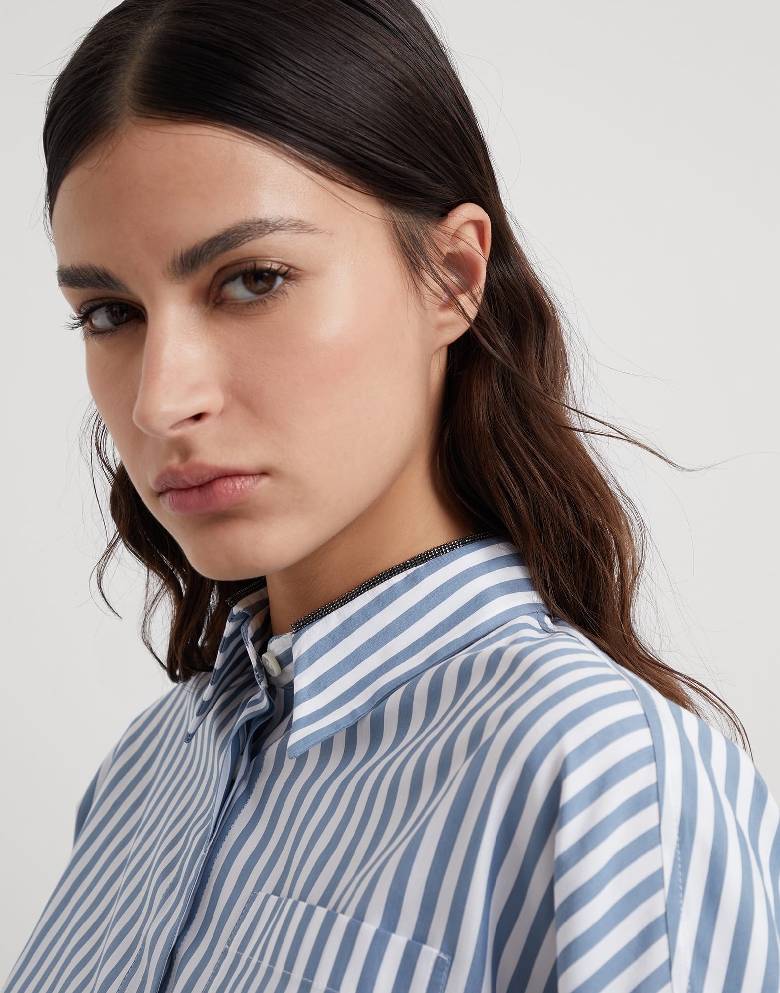 Cotton and silk striped poplin shirt with shiny collar - 3