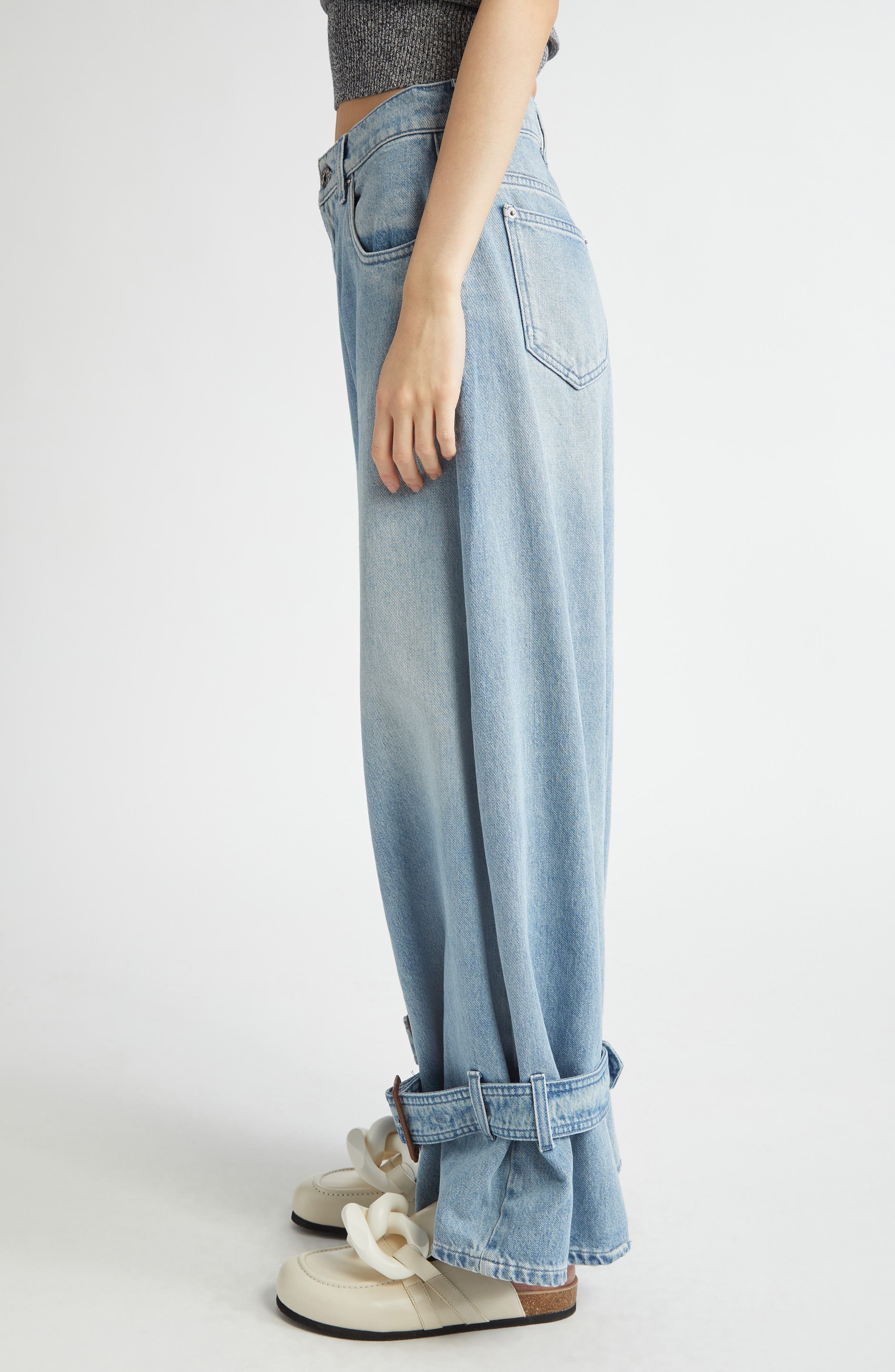 JW Anderson Buckled Cuff High Waist Wide Leg Jeans in Light Blue at Nordstrom - 4