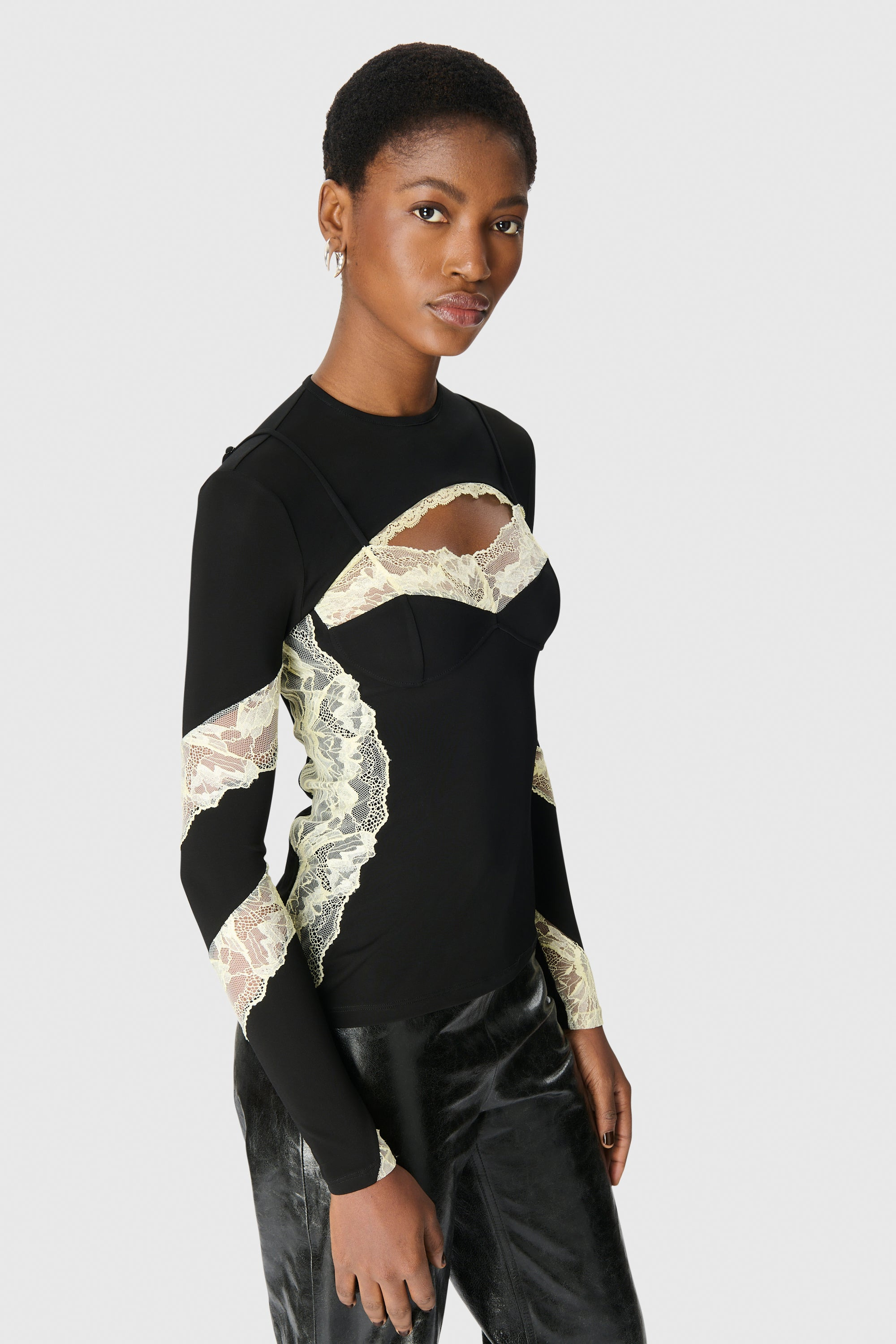 Draped Jersey & Lace LS Crewneck Top - 3